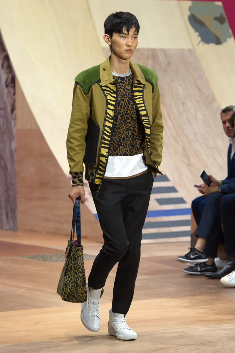Coach Sample Camel Mixed Animal Print Green Shearling Collar Bomber Jacket SS 2016 - M