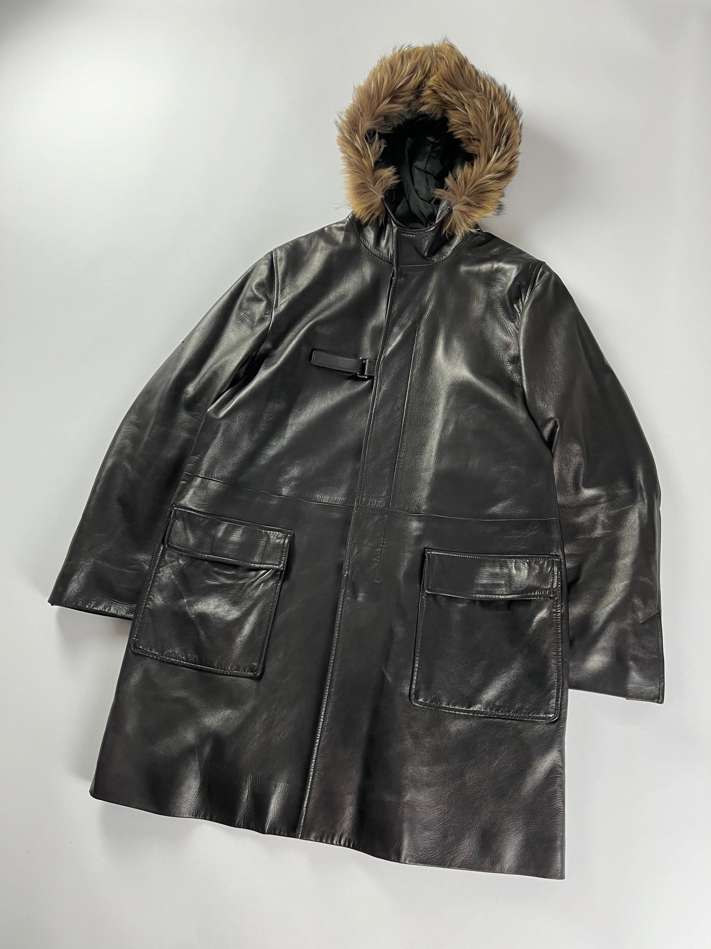 Prada Belted Premium Leather Fur Long Jacket FW 1999 - M