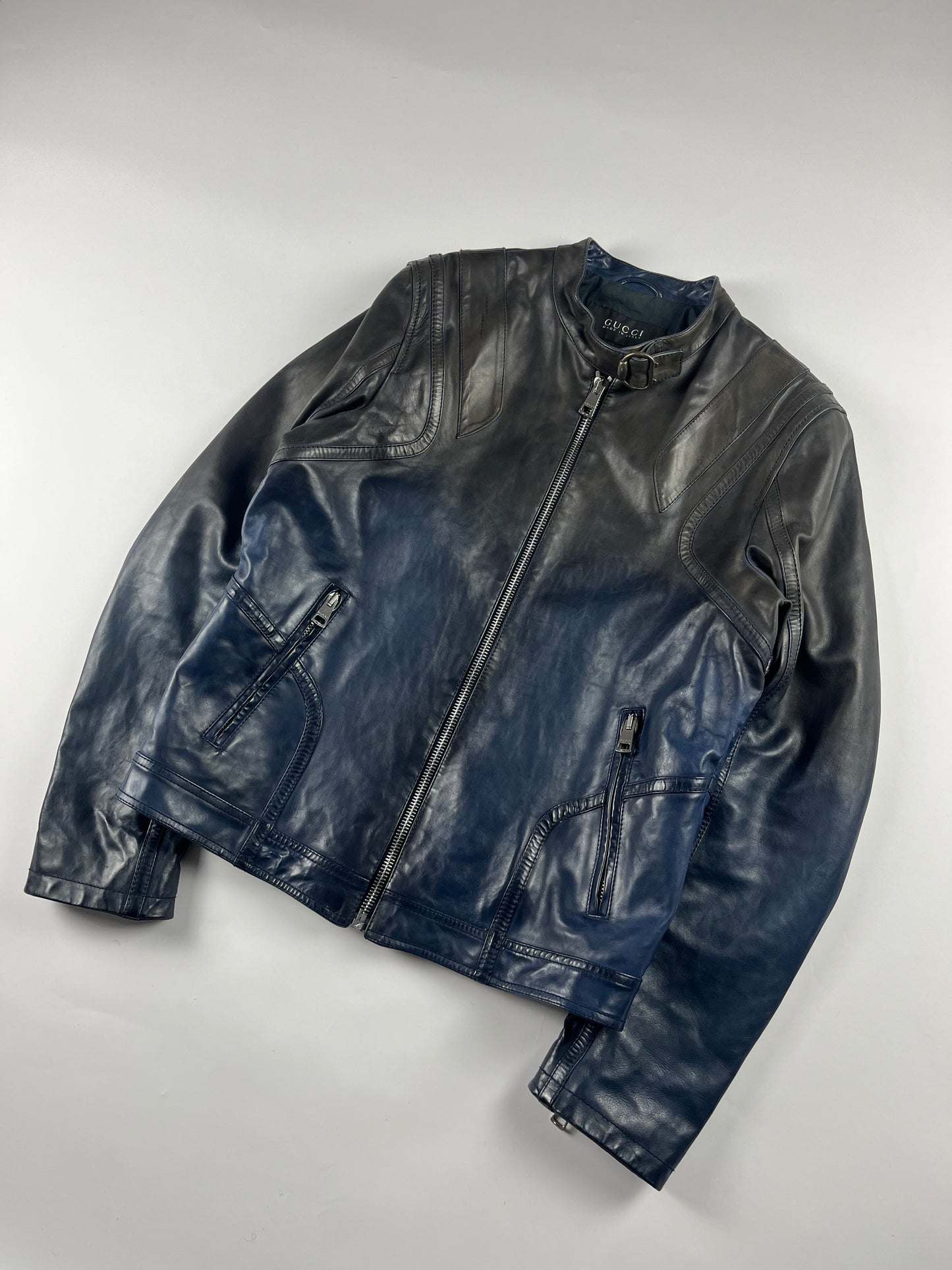 Gucci Frida Giannini Blue Gradient Leather Motor Jacket SS 2009 - M