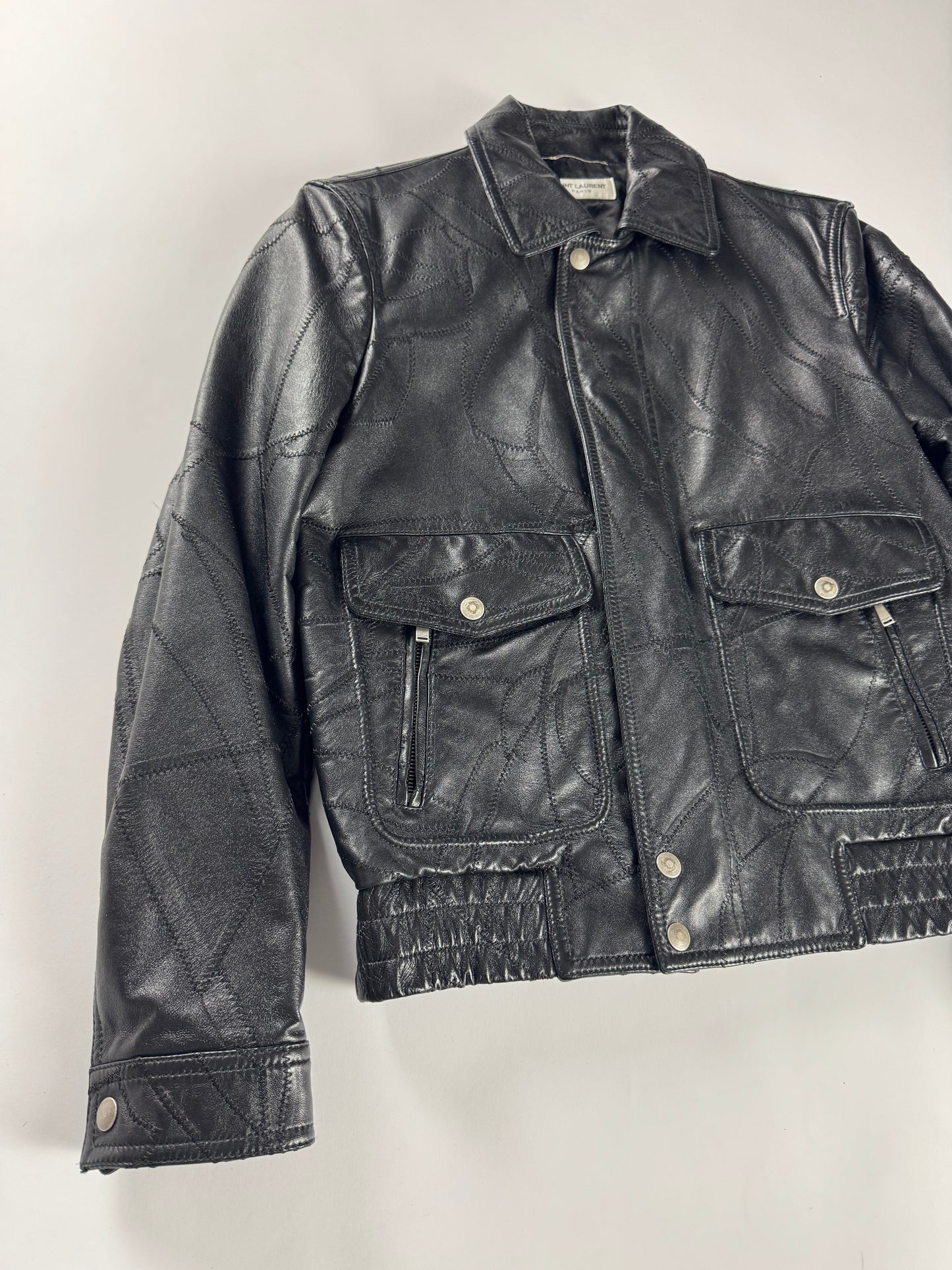 Saint Laurent Sample Leather Paneled Zigzag Stitching Bomber Jacket Pre Fall 2018 - S