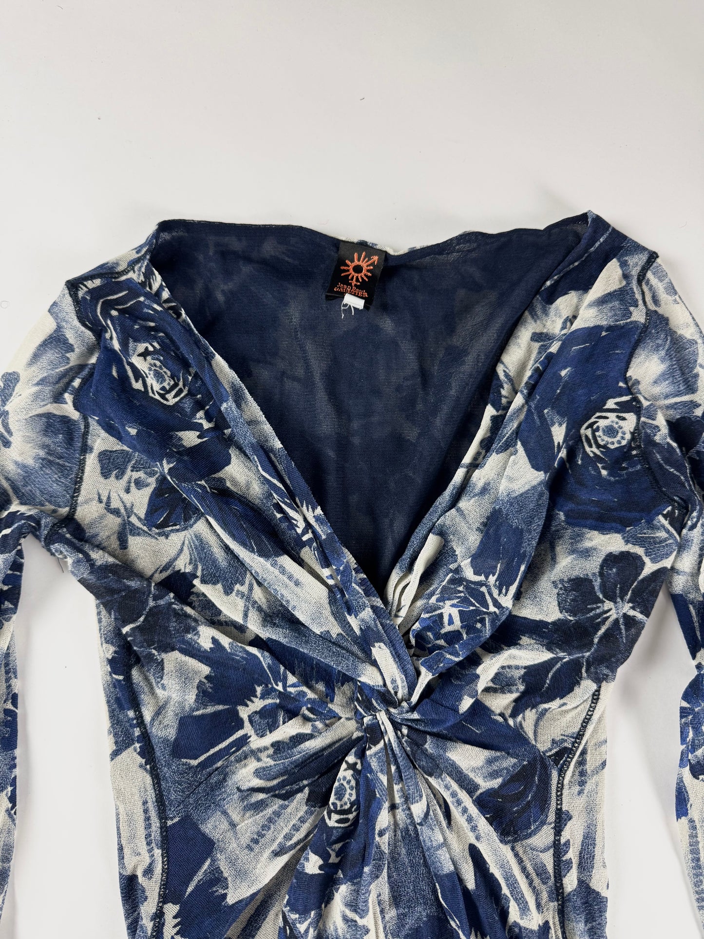 Jean Paul Gaultier Navy Rose Print Twist Knot Front Plunging Neckline Blue Mesh Top 2000s - S