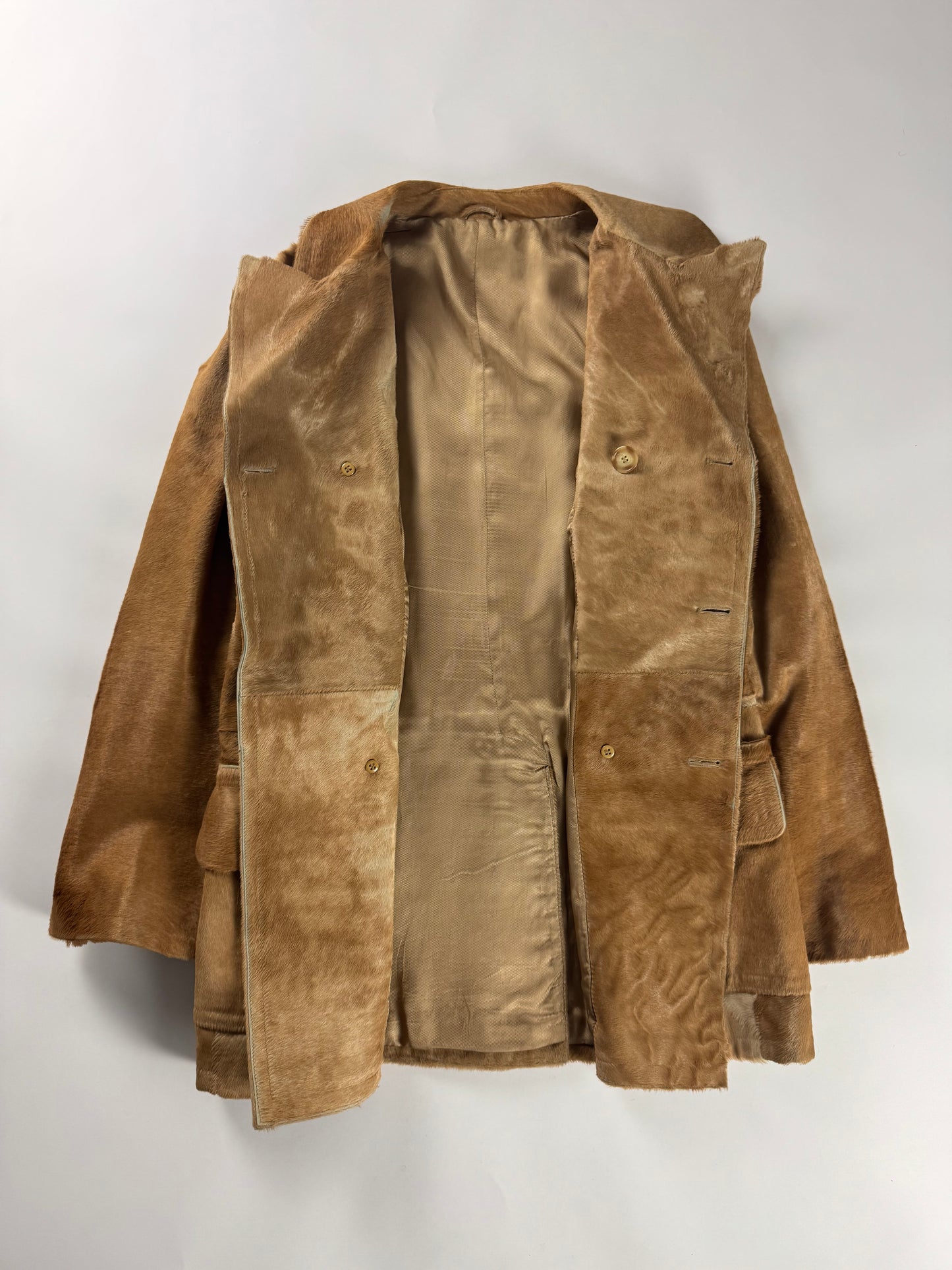 Prada Camel Tawny Double Breasted Pony Hair Leather Coat FW 1996 - M