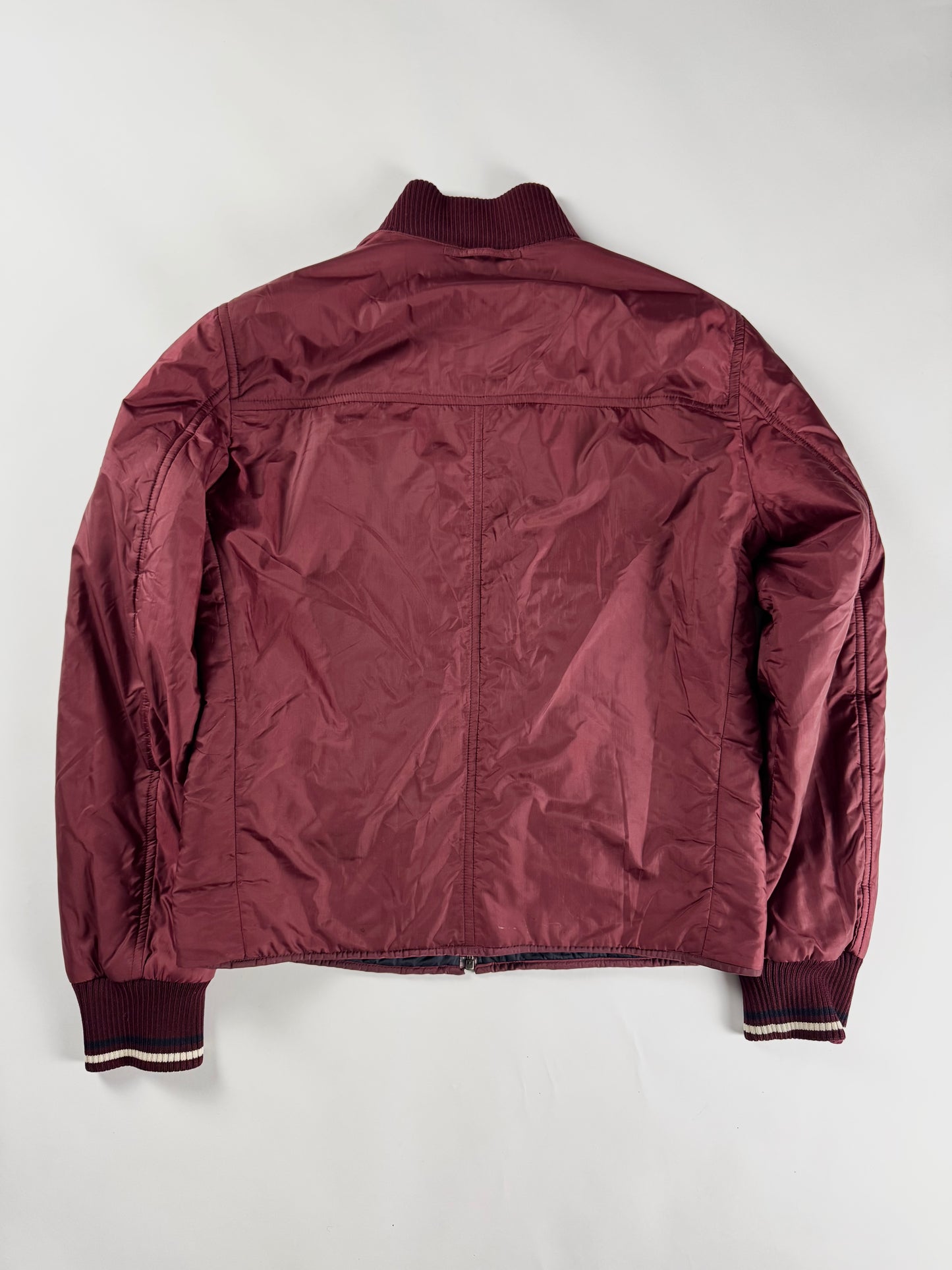 Prada Burgundy Nylon Striped Knit Cuffs Zip Front Bomber Jacket 2010s - M