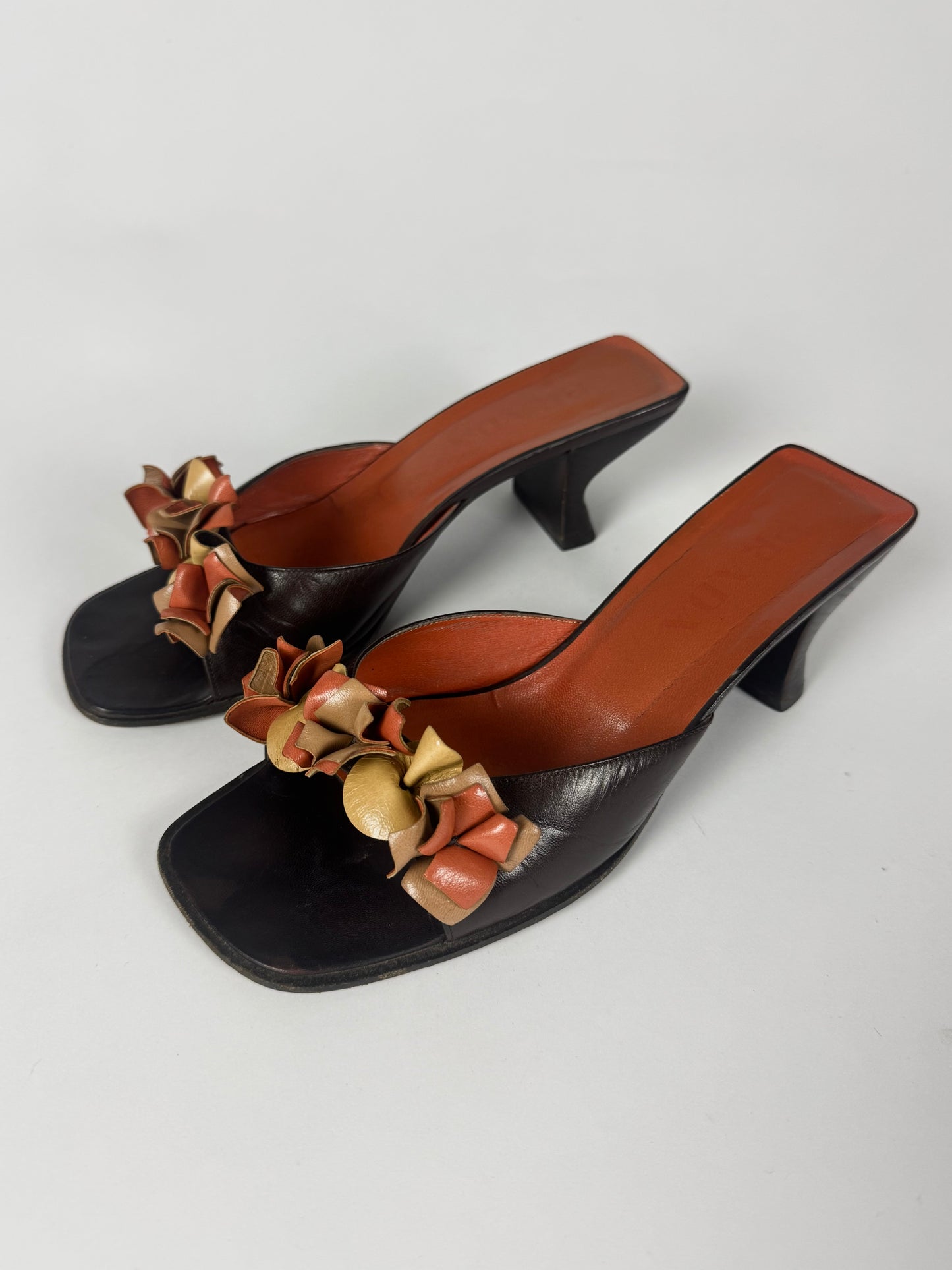 Prada Leather Floral Embellishment Square Toe Heel Mules 1990s - 38 IT/39 EU