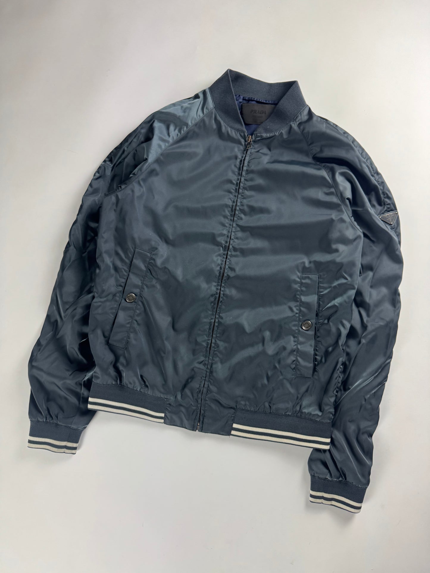 Prada Triangle Logo Navy Nylon Bomber Jacket 2010s - M