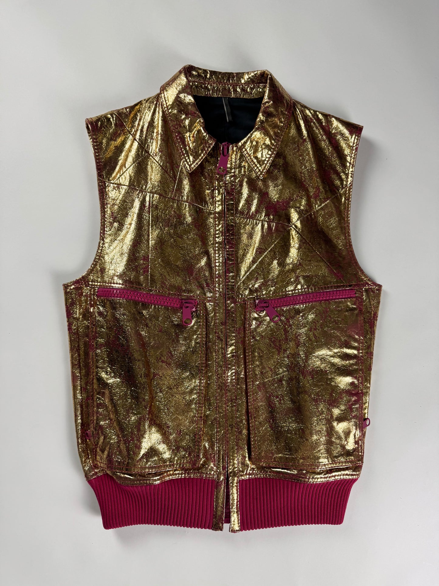 Dior Homme Sample Oro Fluxia Gold Crinkled Metallic Fuchsia Zip Trim Leather Sleeveless Jacket SS 2009 - M