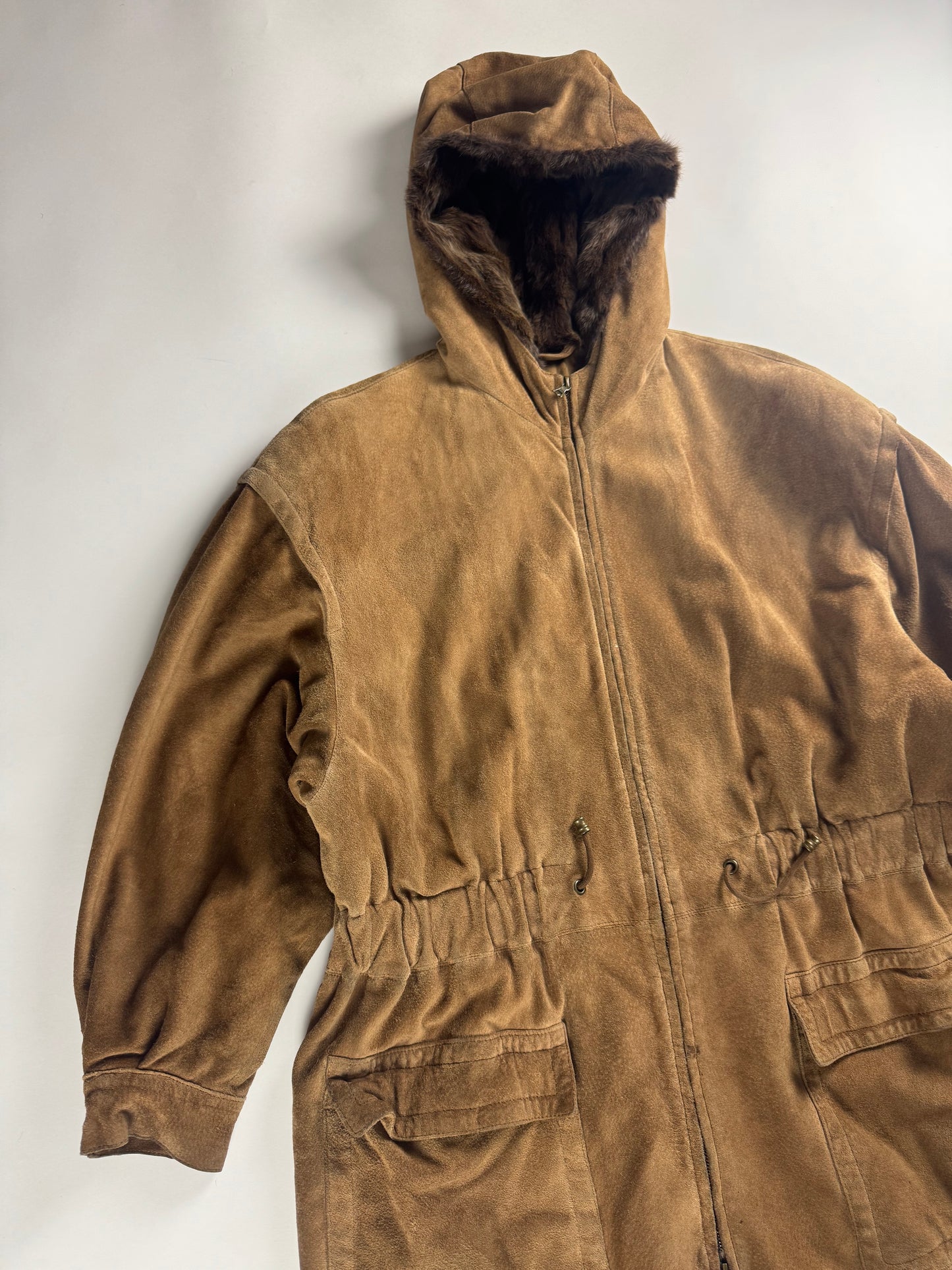 Prada Brown Suede Drawstring Waist Fur Trimmed Parka Jacket FW 1989 - M