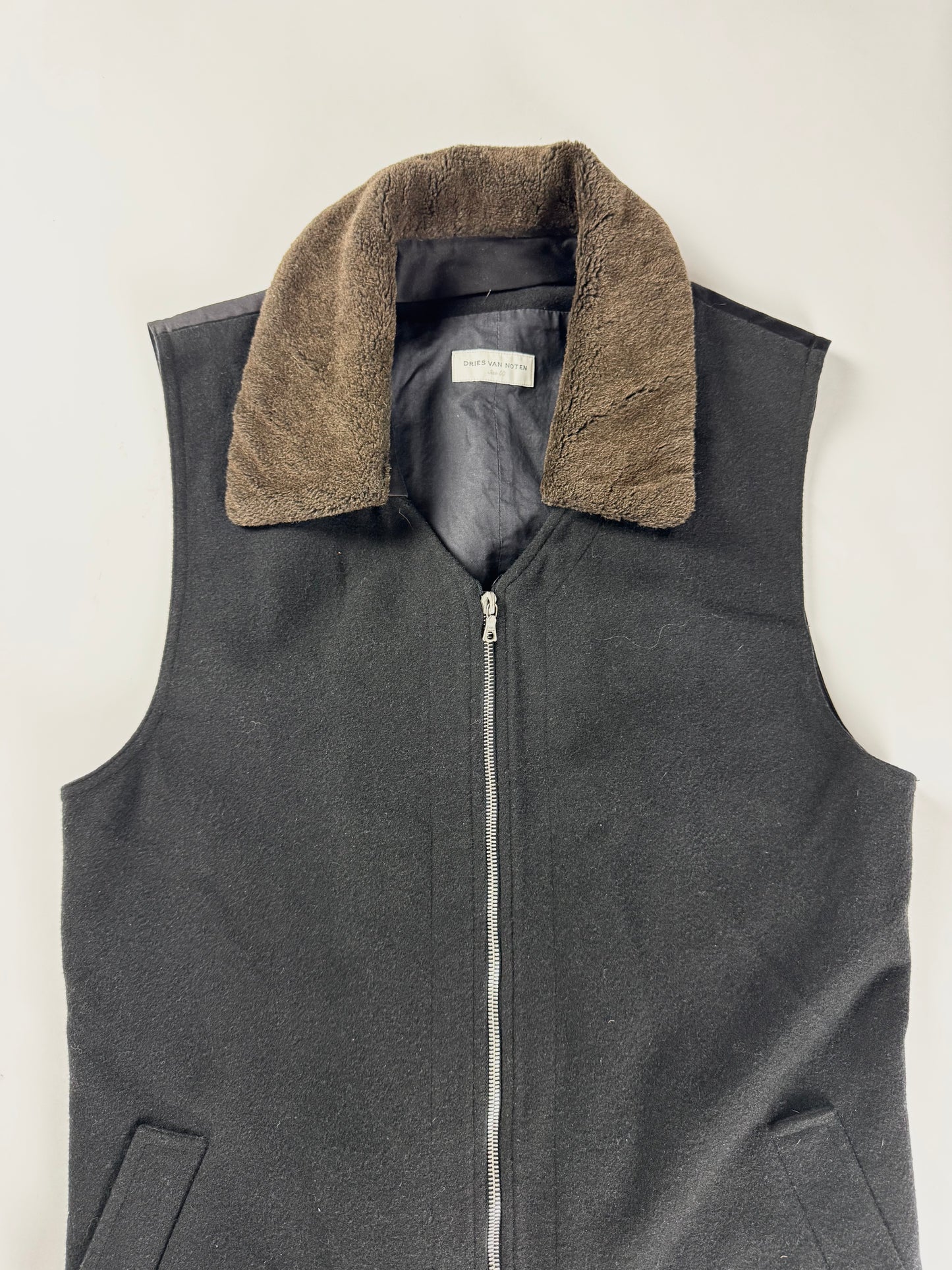 Dries Van Noten Black Wool Gilet Vest Sherpa Effect Collar - M