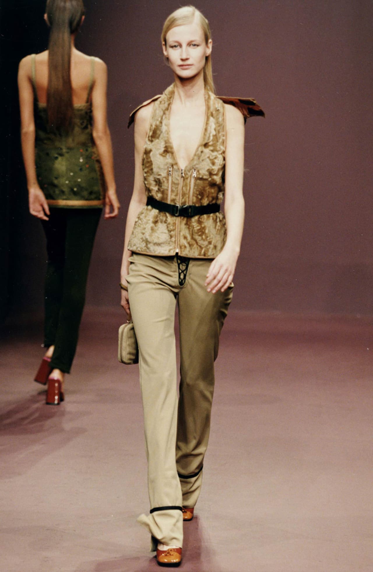 Prada Persian Lamb Buckle Belted Backless Waistcoat Harnais FW 1999 - S