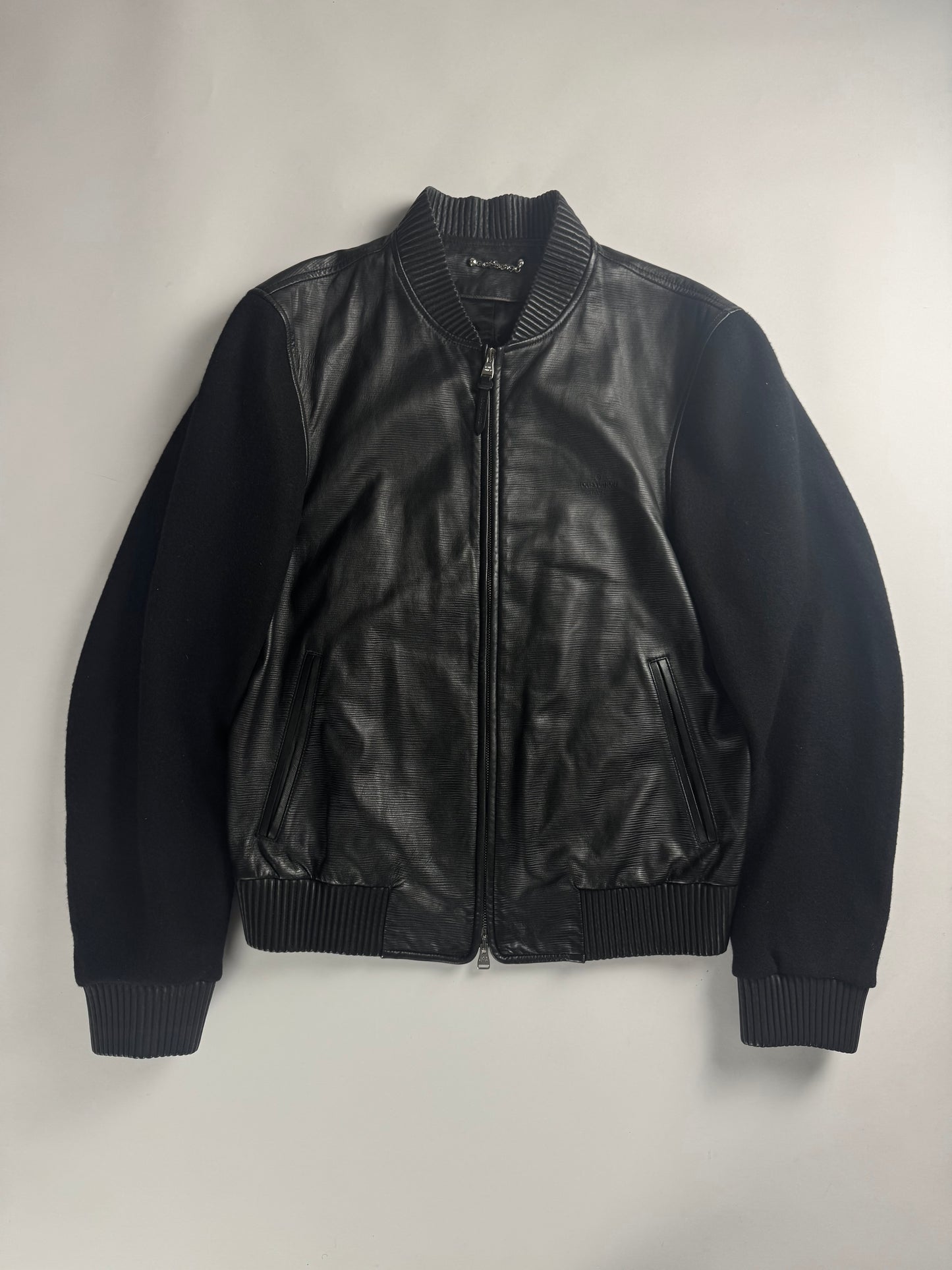 Louis Vuitton Sample Black Wool Sleeves Epi Leather Bomber Jacket Pre Fall 2013 - M