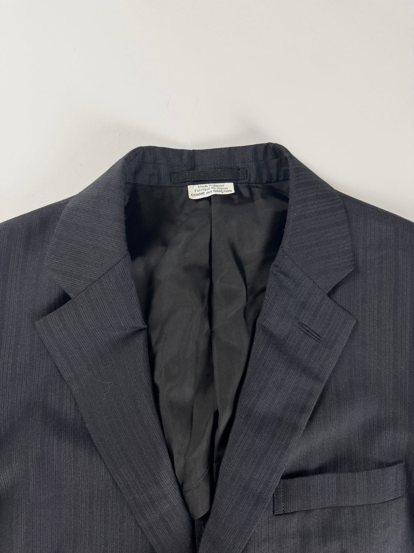Comme des Garçons Homme Plus Dark Grey Pinstripe Peak Lapel Extended Double Button Cuff Wool Blazer Jacket FW 2019 - S