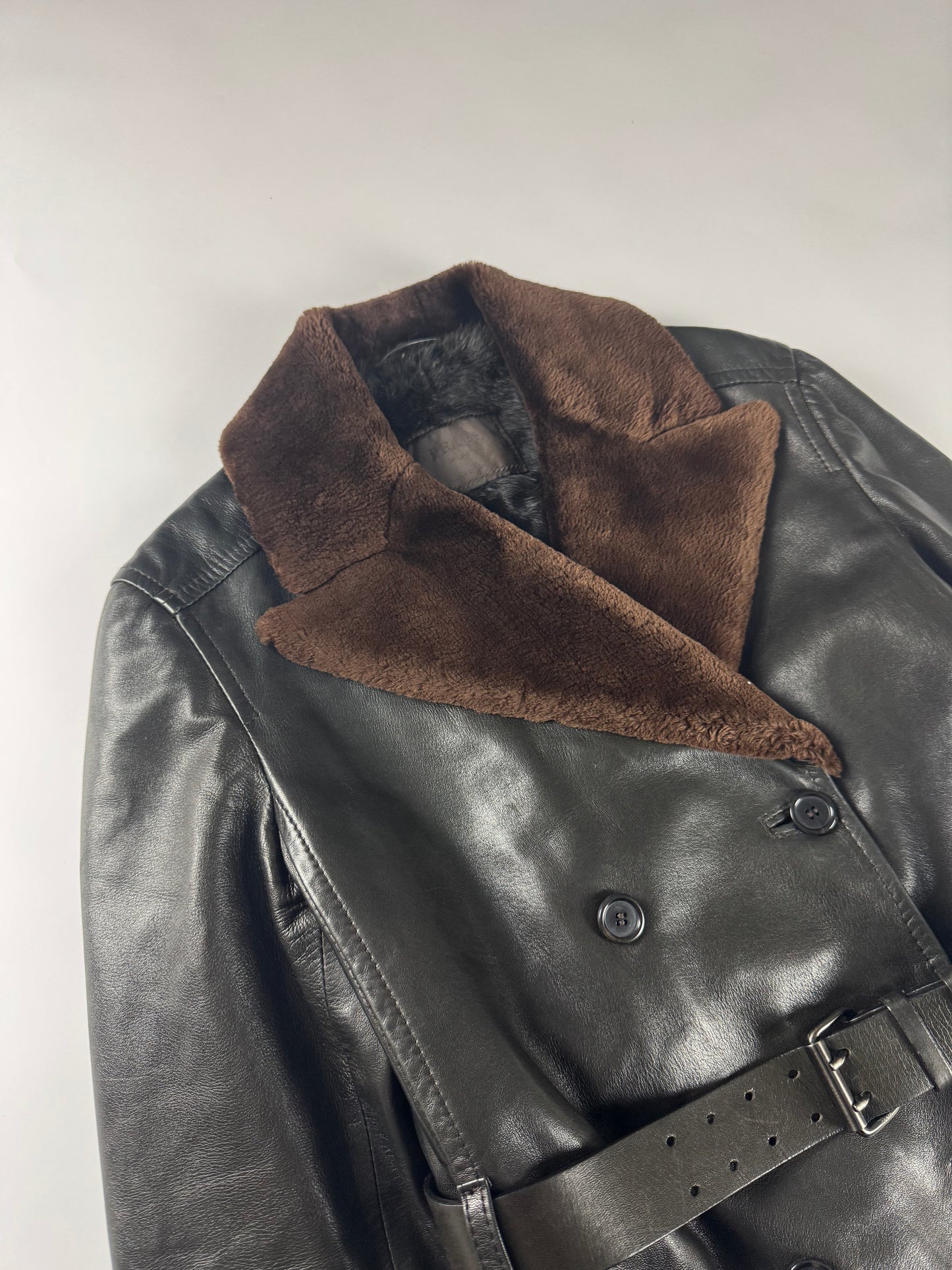 Prada Inside Fur Double Breasted Belted Leather Coat FW 1996 - S