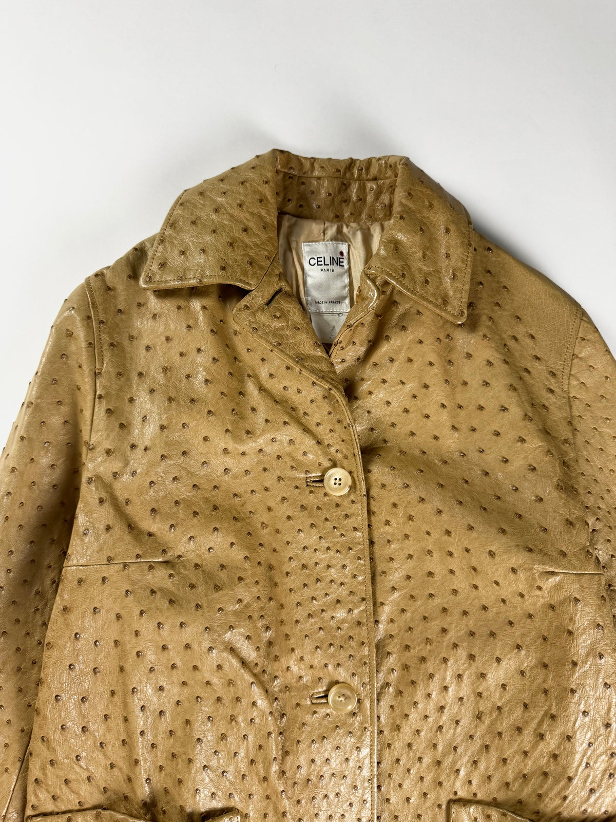 Celine Camel Tan Embossed Ostrich Skin Leather Jacket 2000s - S