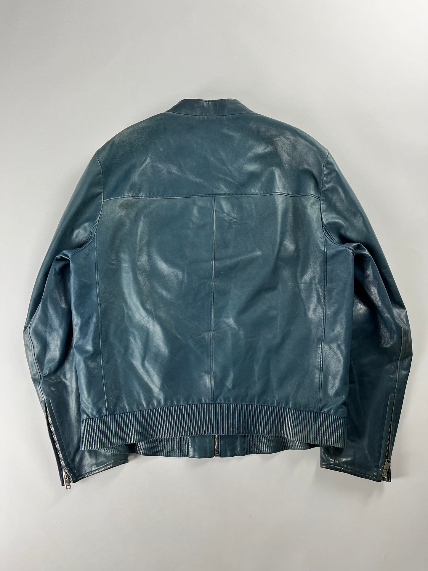 Prada Turquoise Blue Leather Motor Jacket FW 2014 - L/XL