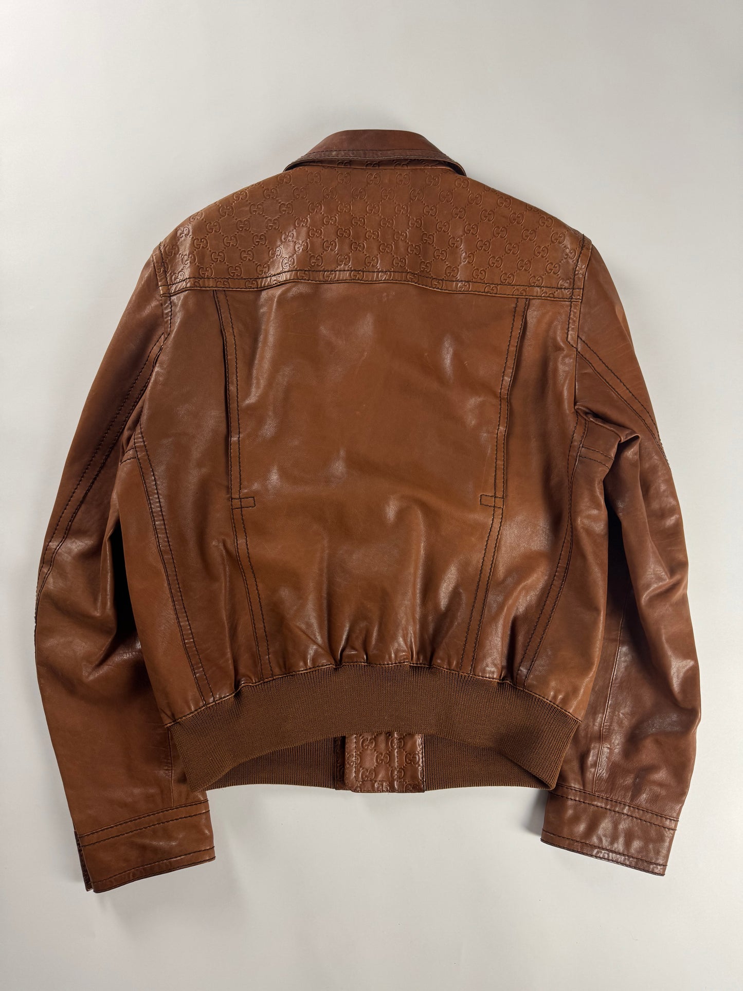 Gucci Tom Ford Camel Brown Monogram Leather Bomber Jacket 2000s - XL