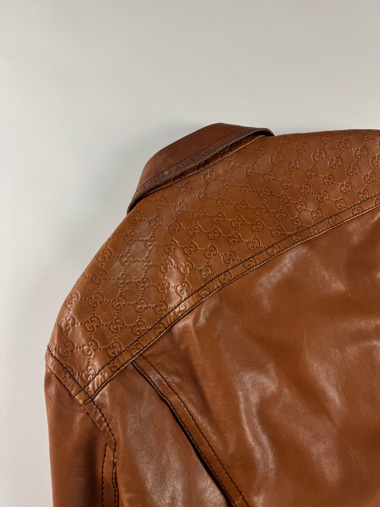 Gucci Tom Ford Camel Brown Monogram Leather Bomber Jacket 2000s - XL