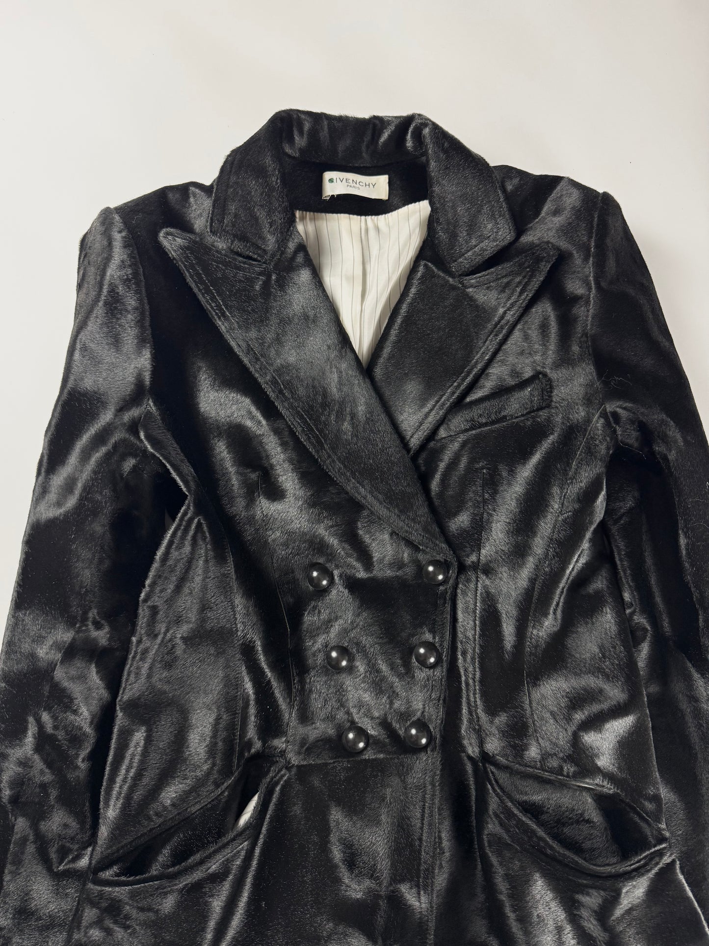 Givenchy Black Ponyhair Calf Hair Double Breasted Flared Midi Coat 2010s - S