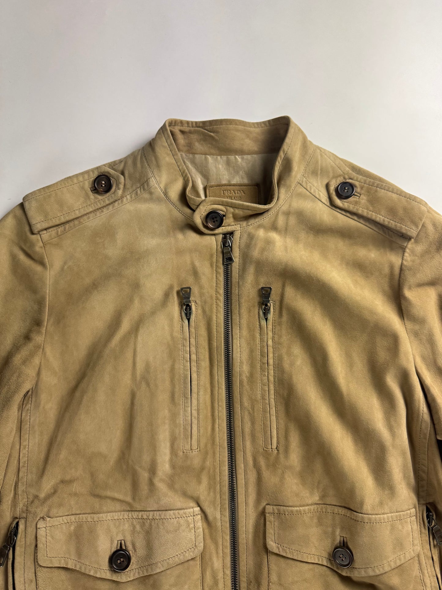 Prada Sand Suede Leather Aviator Bomber Jacket 2010s - M