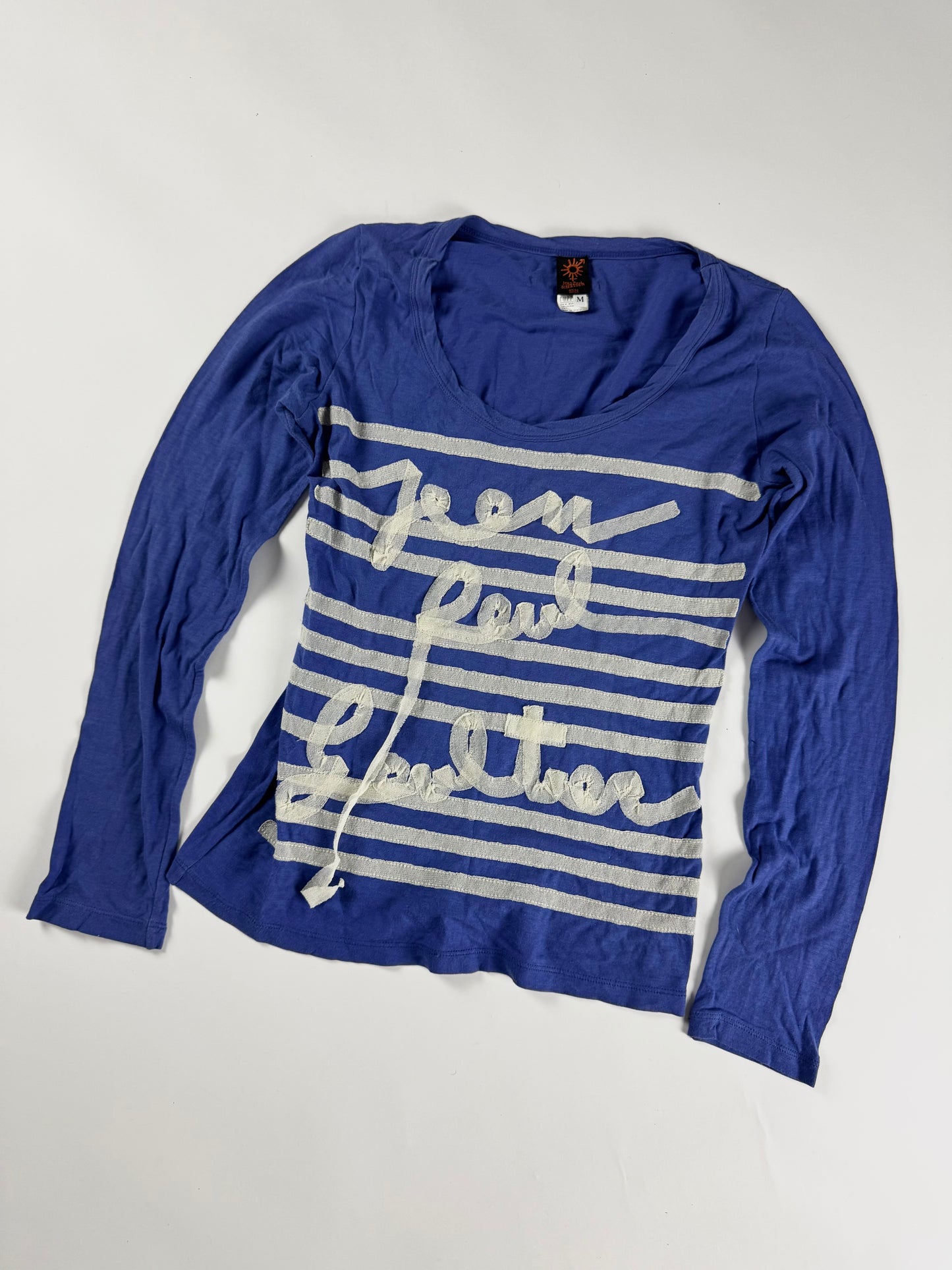 Jean Paul Gaultier Soleil Blue Marinière Stripe Logo Script Long Sleeve Mesh Top - M