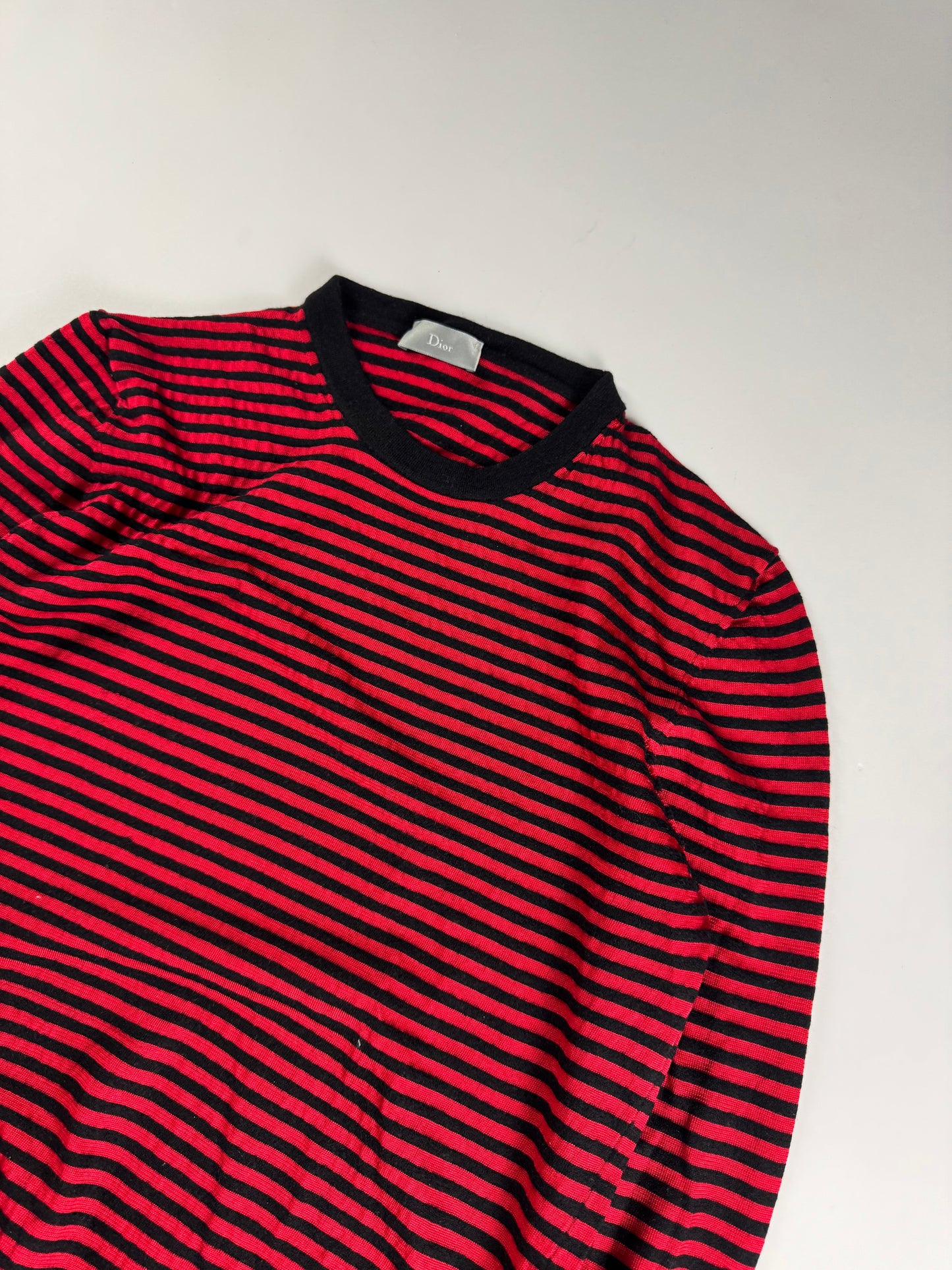 Christian Dior Red Black Marinière Stripe Wool Elasticated Waist Knit Crewneck Sweater SS 2017 - M