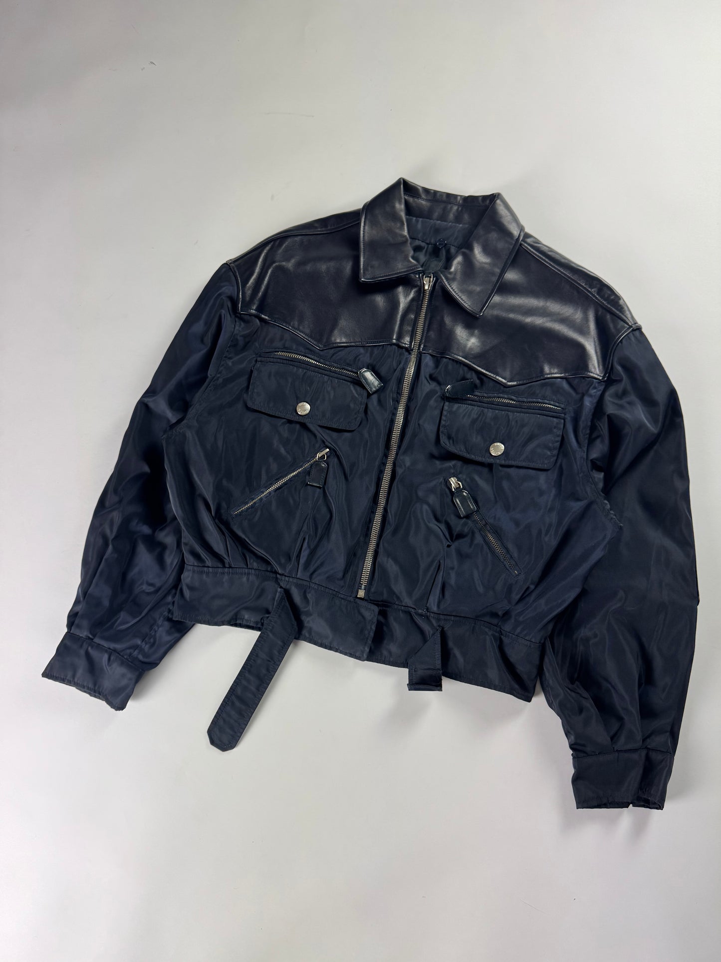 Prada Leather Panel Cropped Utility Pocket Navy Nylon Jacket 1990s - S