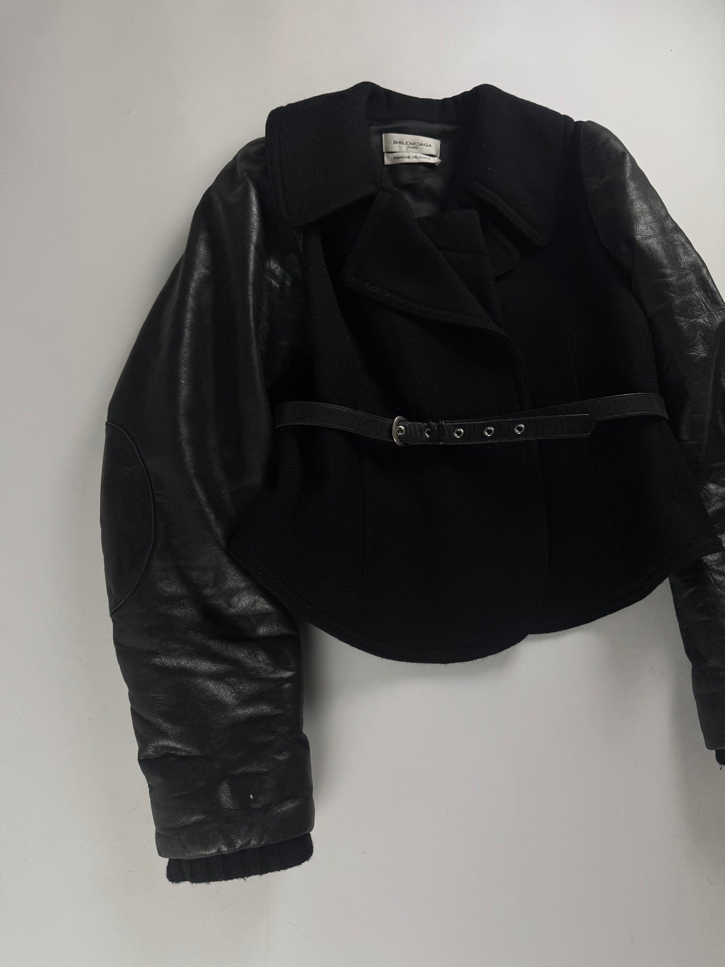 Balenciaga Dark Leather Sleeves Peplum Black Jacket FW 2002 - S