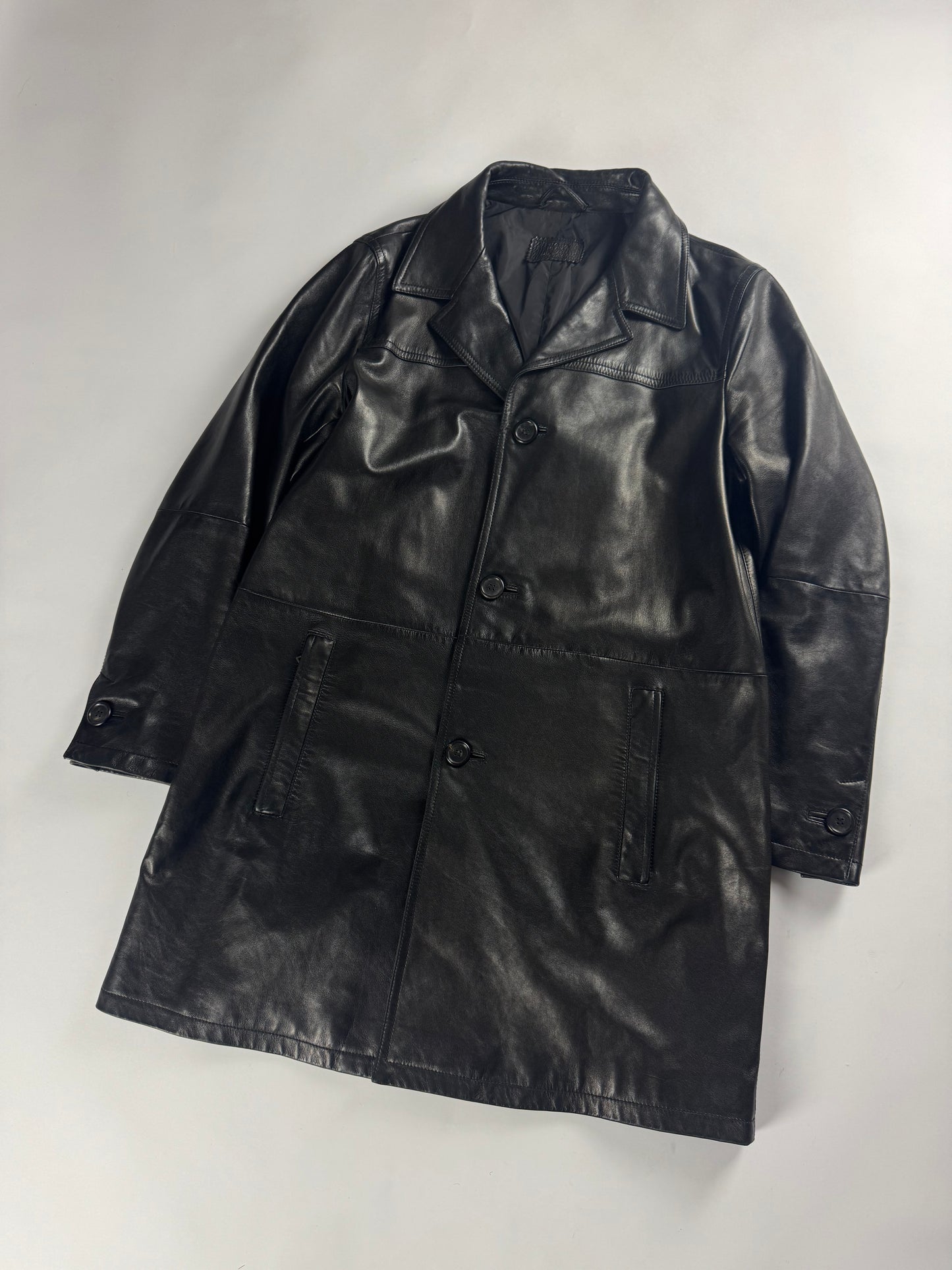 Prada Pure Black Buttoned Minimalist Leather Long Coat FW 2001 - L