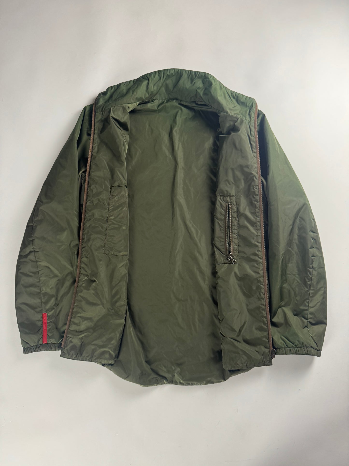 Prada Linea Rossa Side Red Striped Olive Green Nylon Jacket 2000s - M