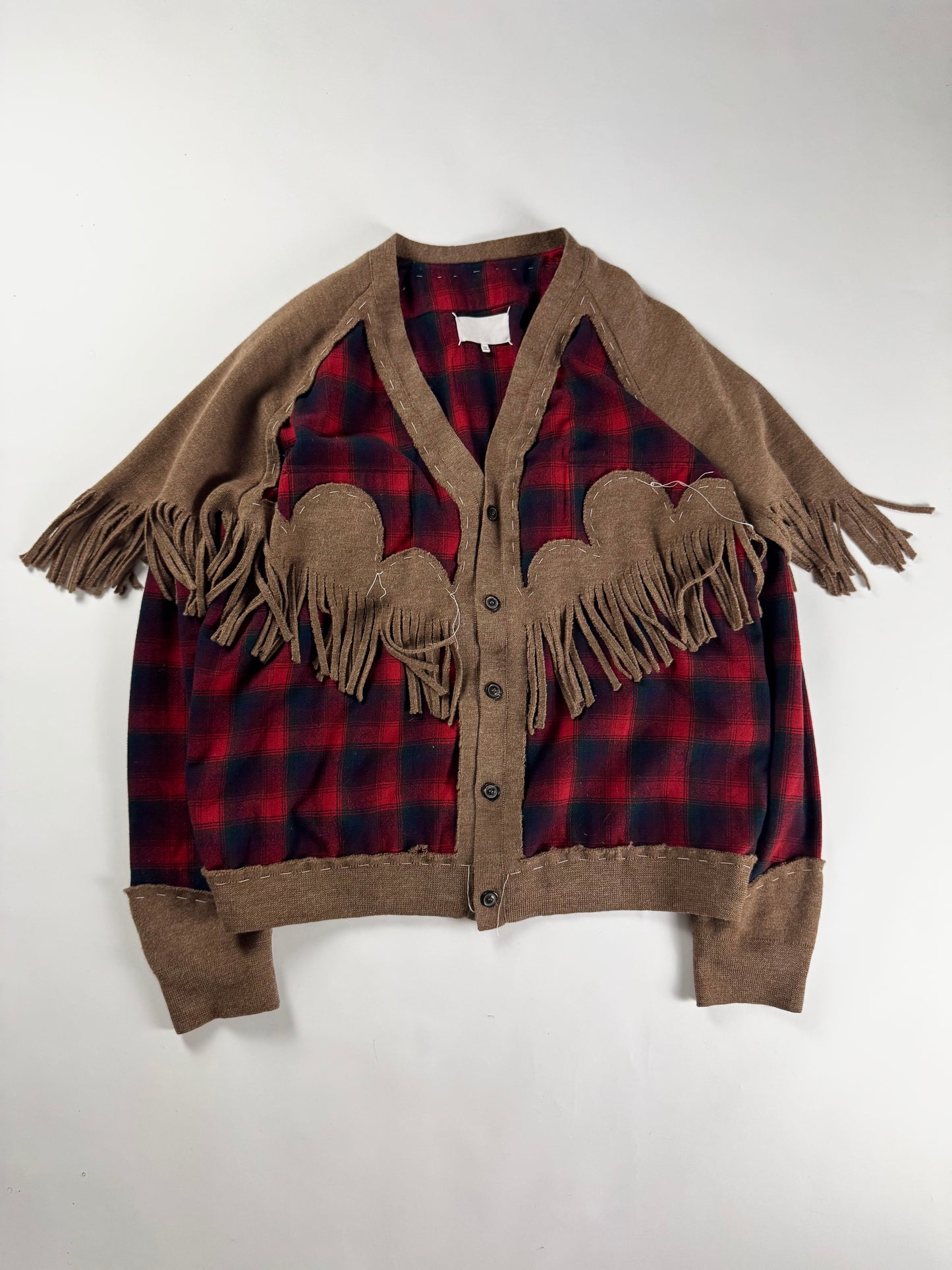 Maison Margiela x Pendleton Red Tartan Plaid Tan Knit Western Fringe Cardigan FW 2023 - XXL