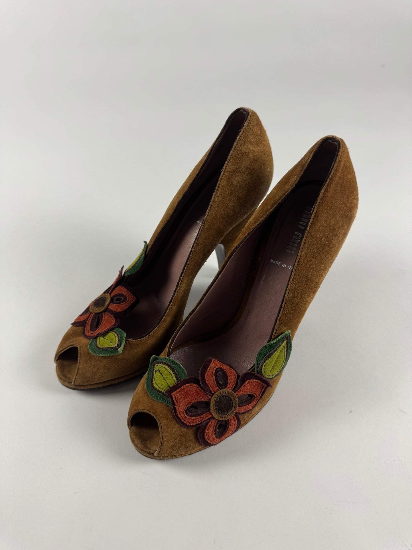 Miu Miu Floral Brown Suede Heels 1990s - 40 IT/41 EU
