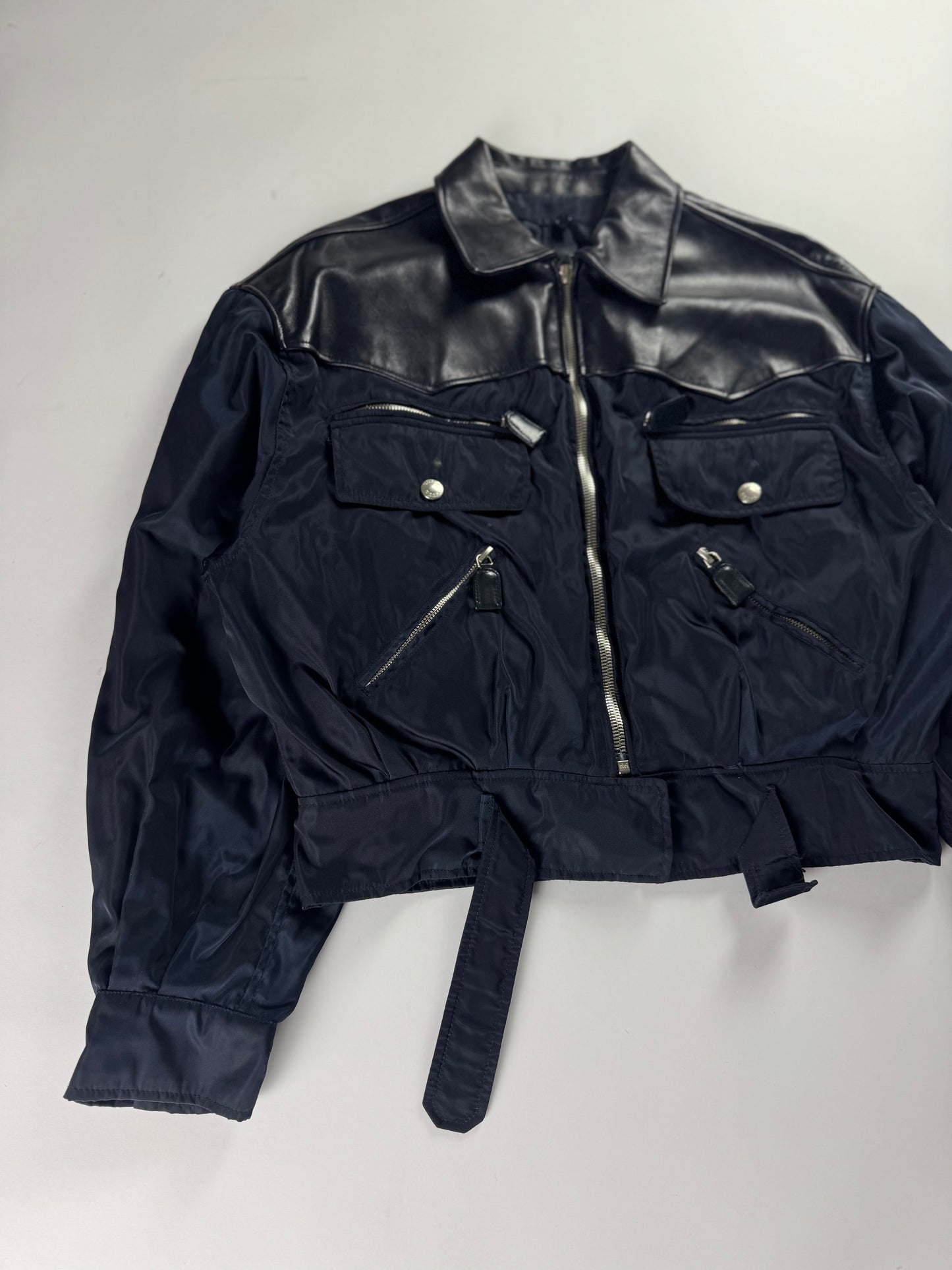 Prada Leather Panel Cropped Utility Pocket Navy Nylon Jacket 1990s - S