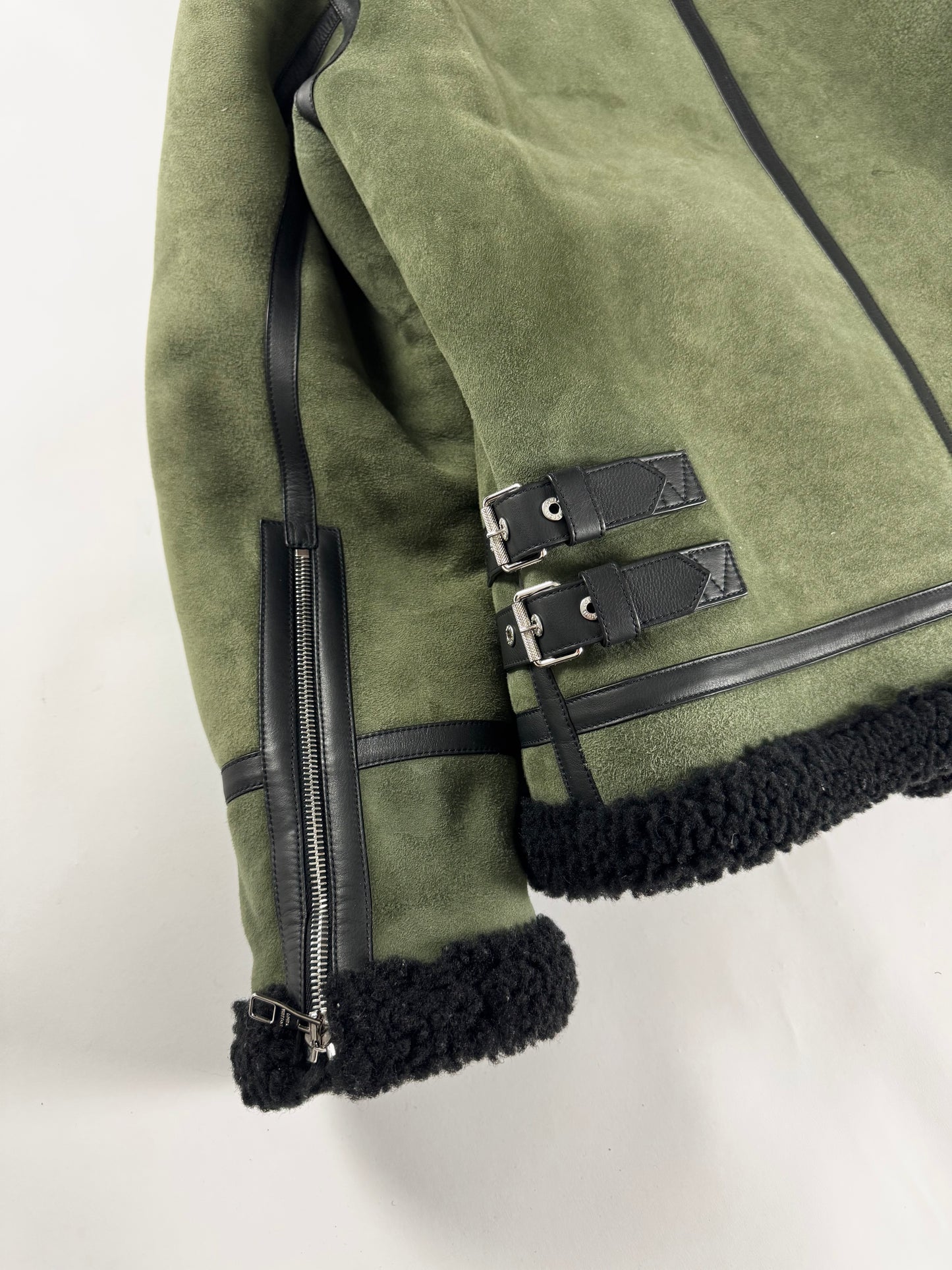 Louis Vuitton Sample Military Olive Shearling Leather Trimmed Bomber Jacket FW 2018 - M