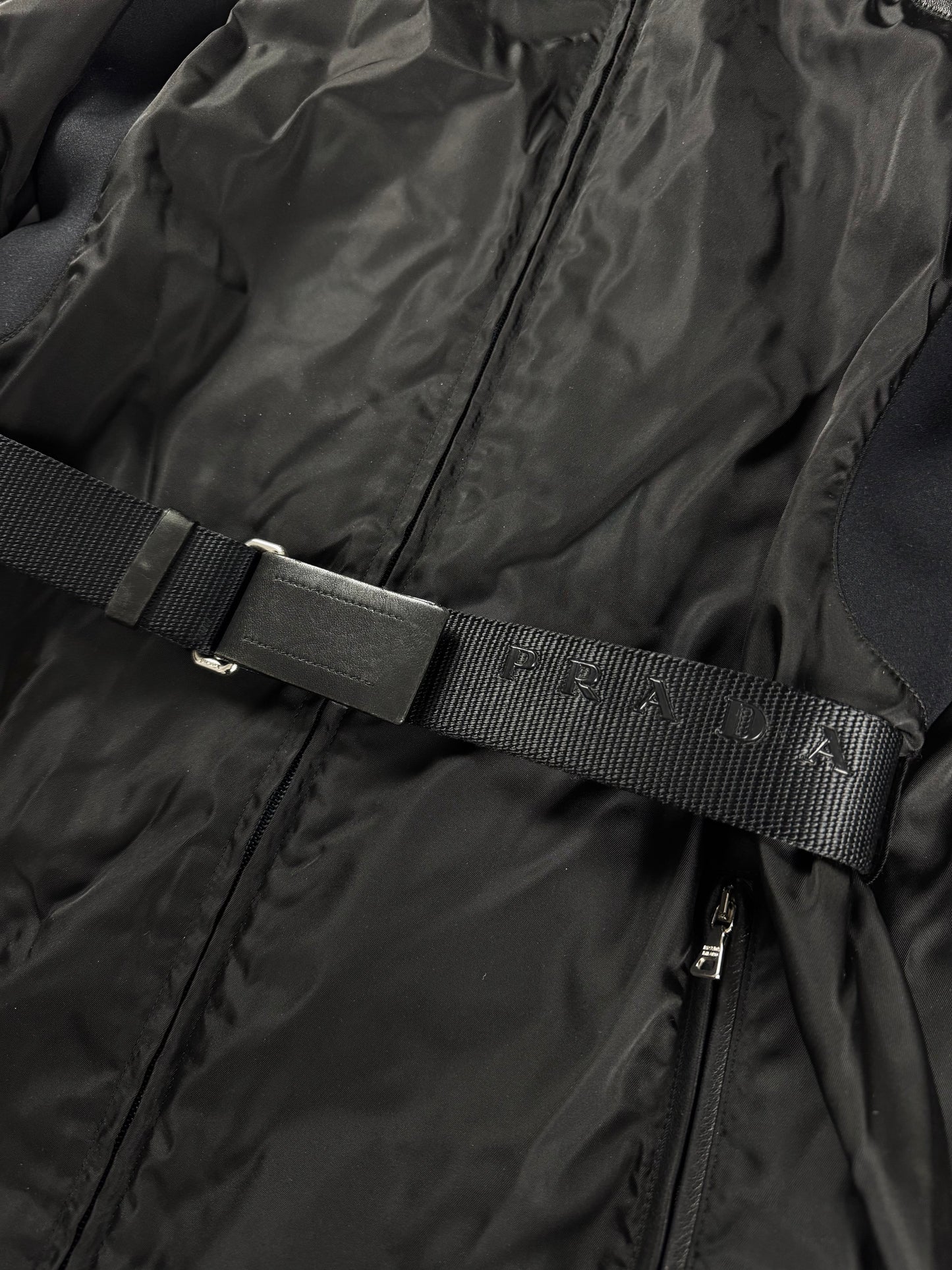 Prada Leather Shoulder Detail Strapped Belted Nylon Hooded Coat FW 1999 - S