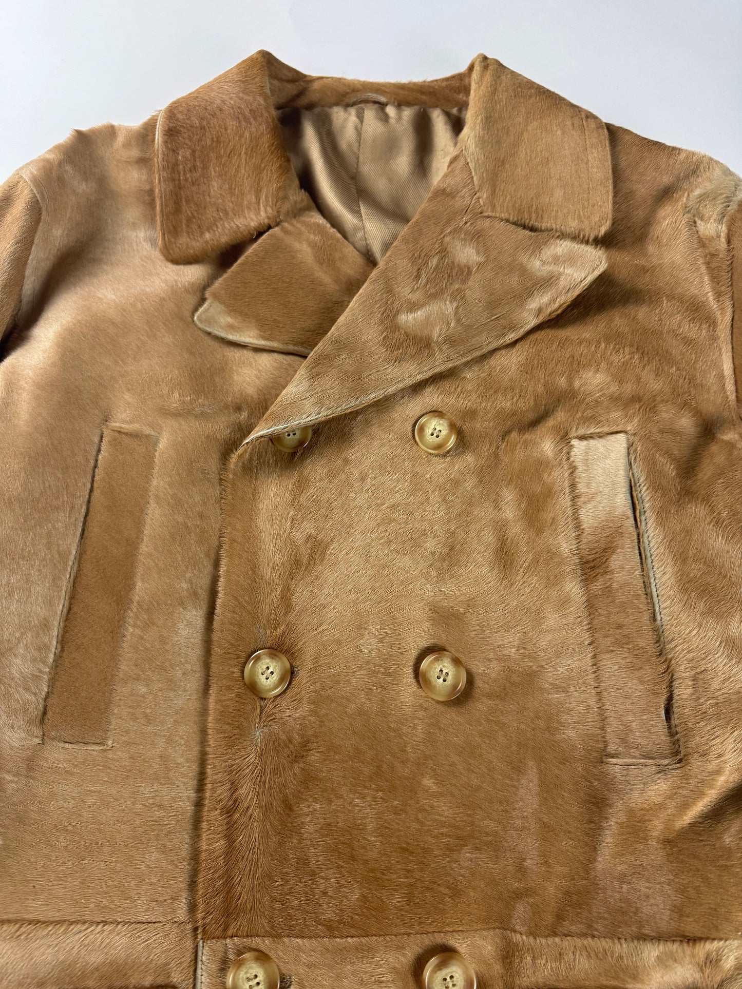 Prada Camel Tawny Double Breasted Pony Hair Leather Coat FW 1996 - M