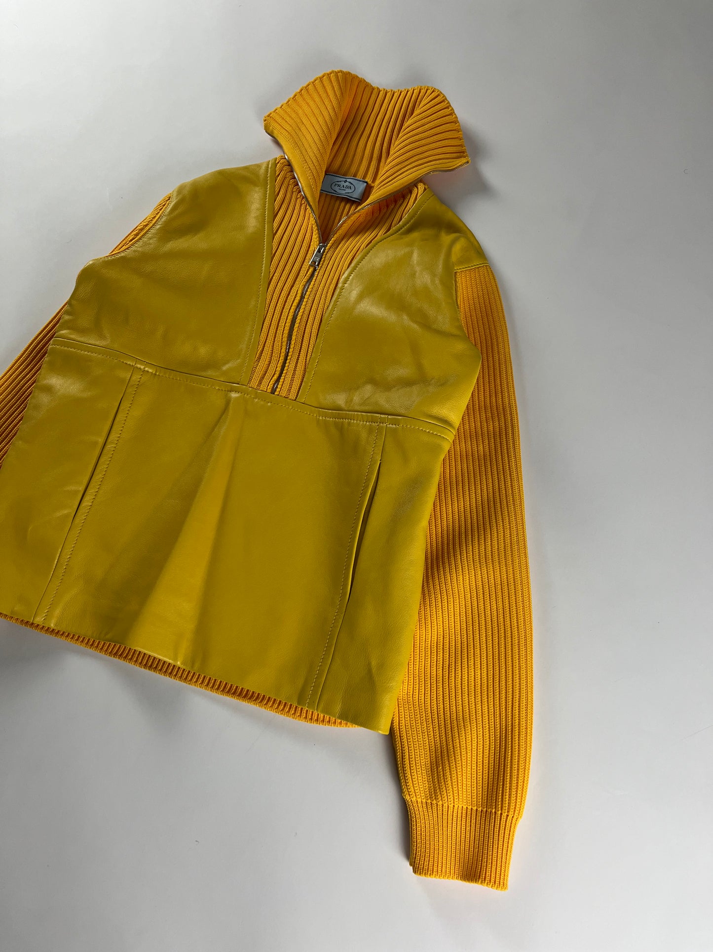 Prada Yellow Leather Ribber Turtleneck Half Zipper FW 2018 - S