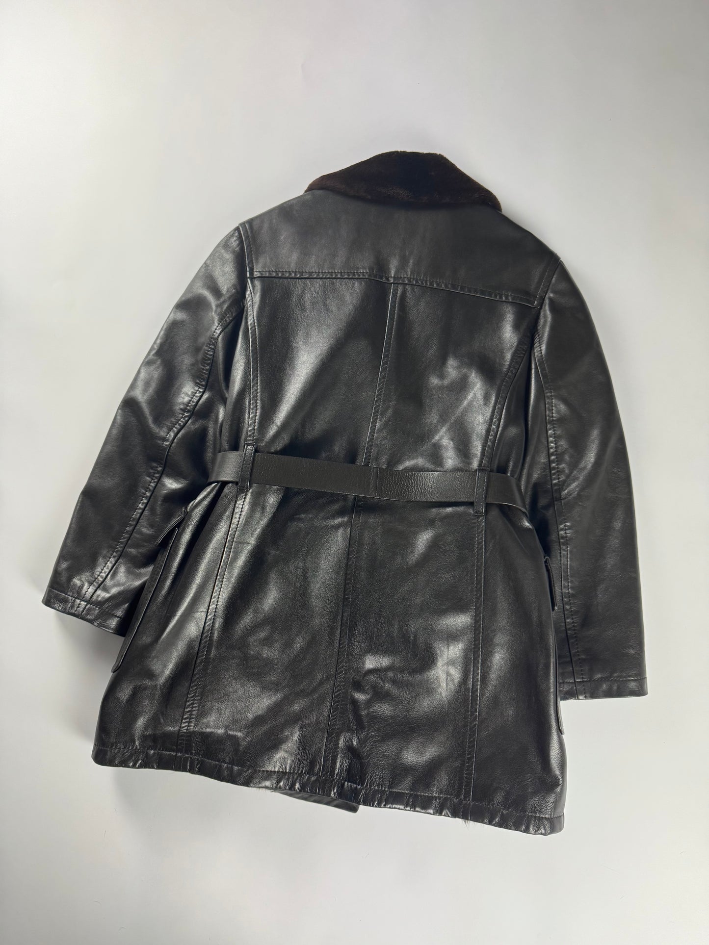 Prada Inside Fur Double Breasted Belted Leather Coat FW 1996 - S