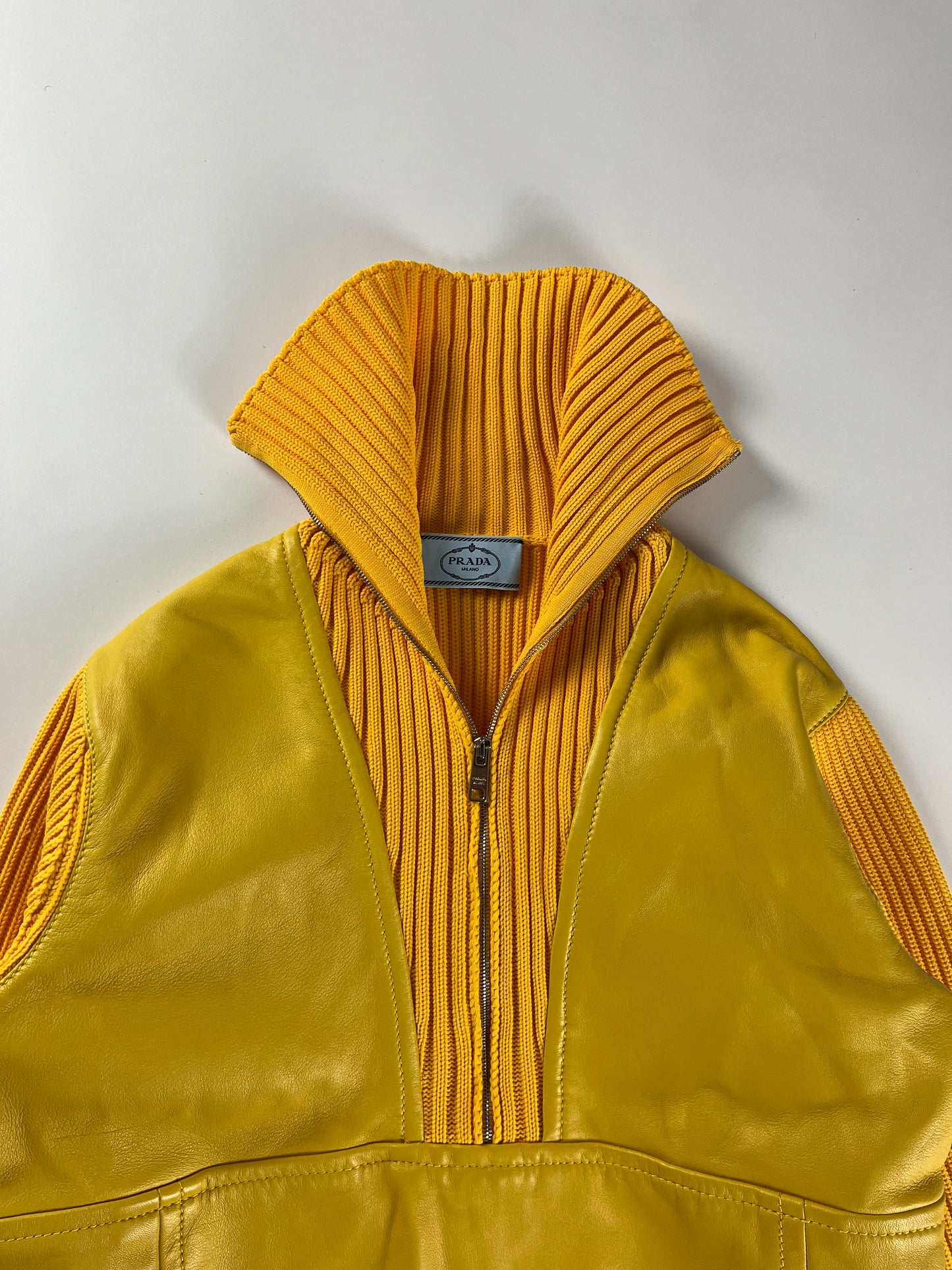 Prada Yellow Leather Ribber Turtleneck Half Zipper FW 2018 - S