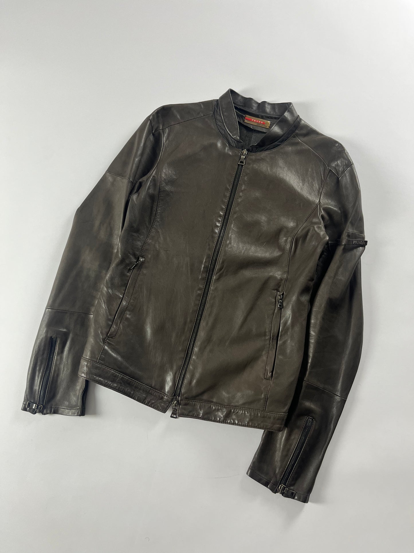 Prada Brown Leather Biker Jacket 2000s - XS