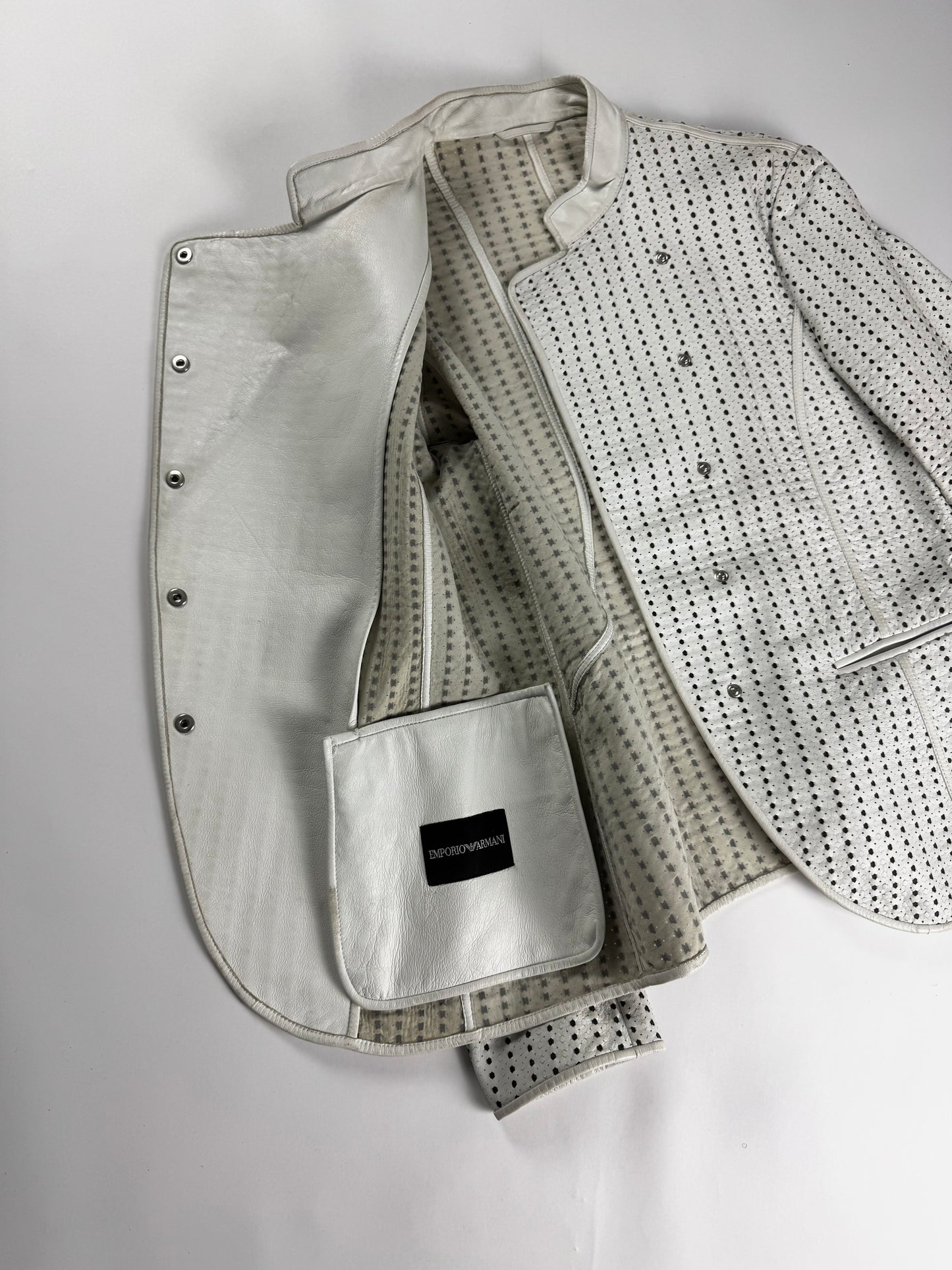Emporio Armani White Perforated Leather Asymmetric Button Jacket 2010s - S