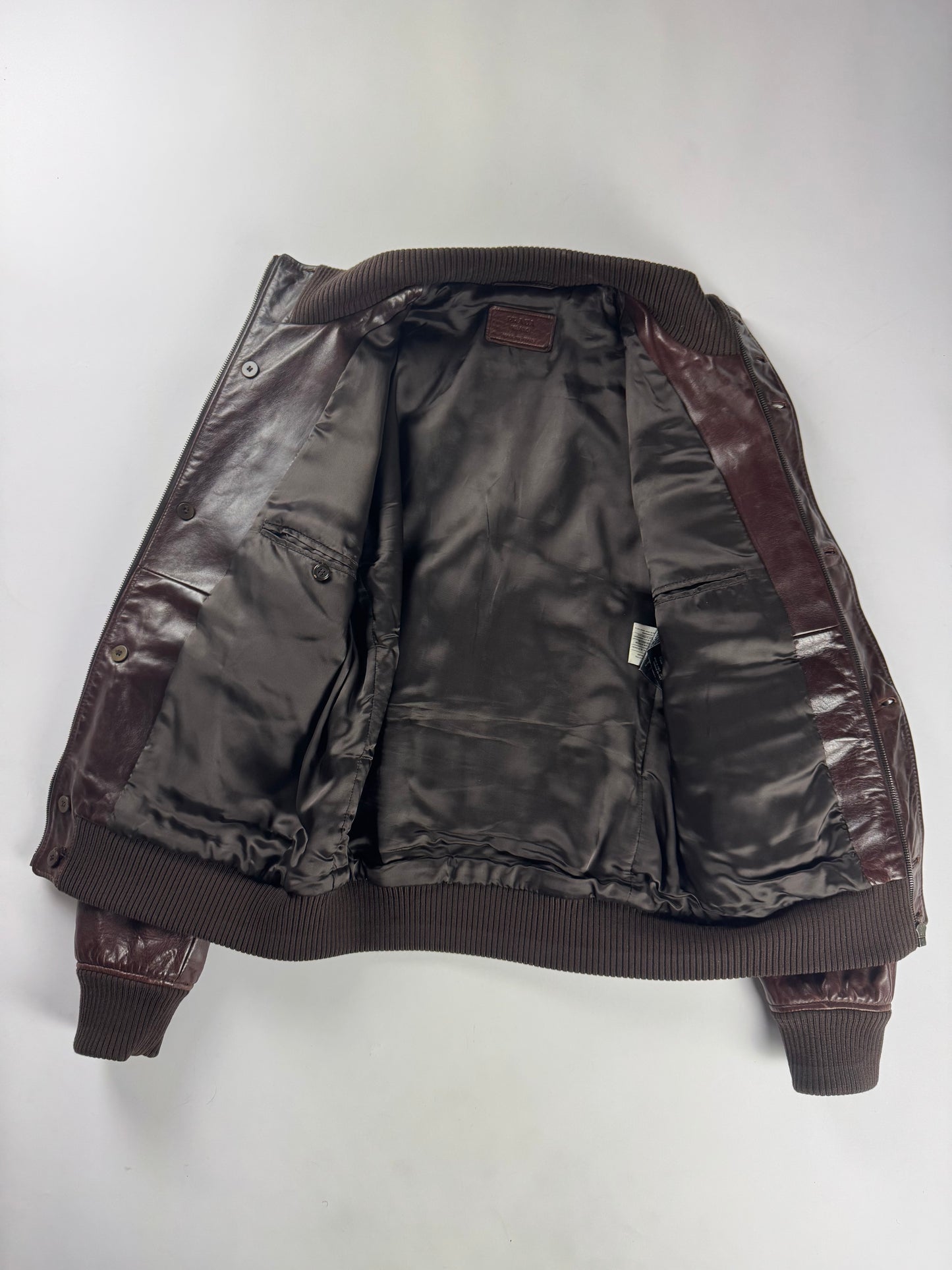 Prada Marlboro Brown Multi Pocket Leather Bomber Jacket FW 2008 - M