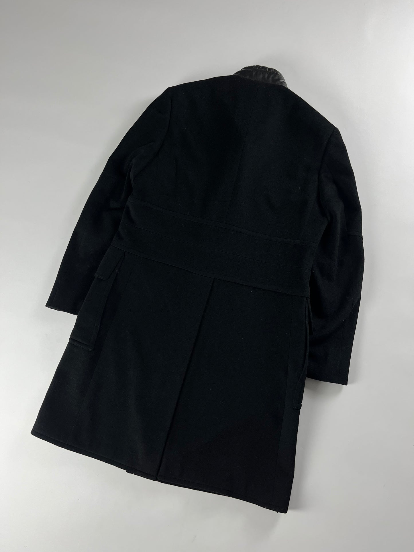 Gucci Black Wool Leather Belt Collar Long Coat FW 2000 - M