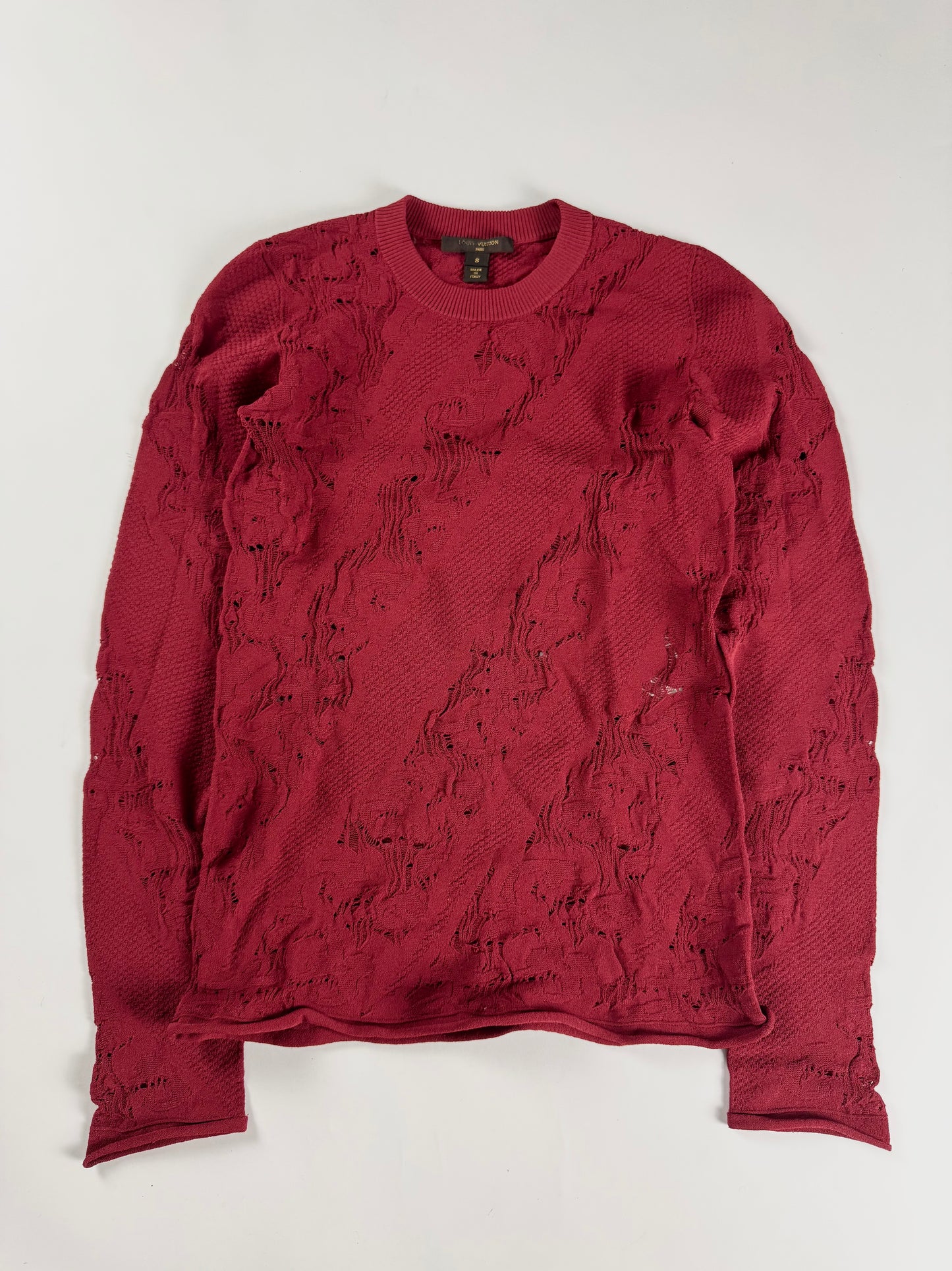 Louis Vuitton Dentelle Burgundy Red Distressed Lace Knit Crewneck Sweater FW 2016 - S