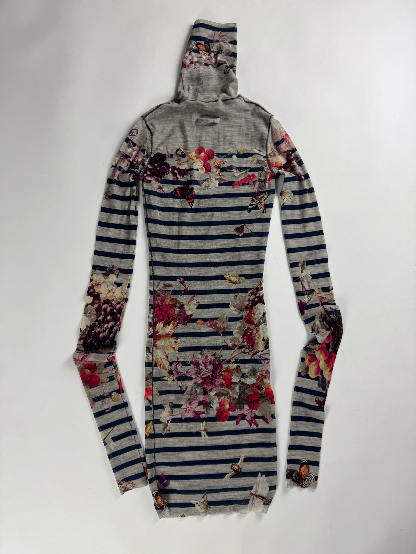 Jean Paul Gaultier Grey Mesh Floral Graphic Striped Mini Dress 1990s - XS