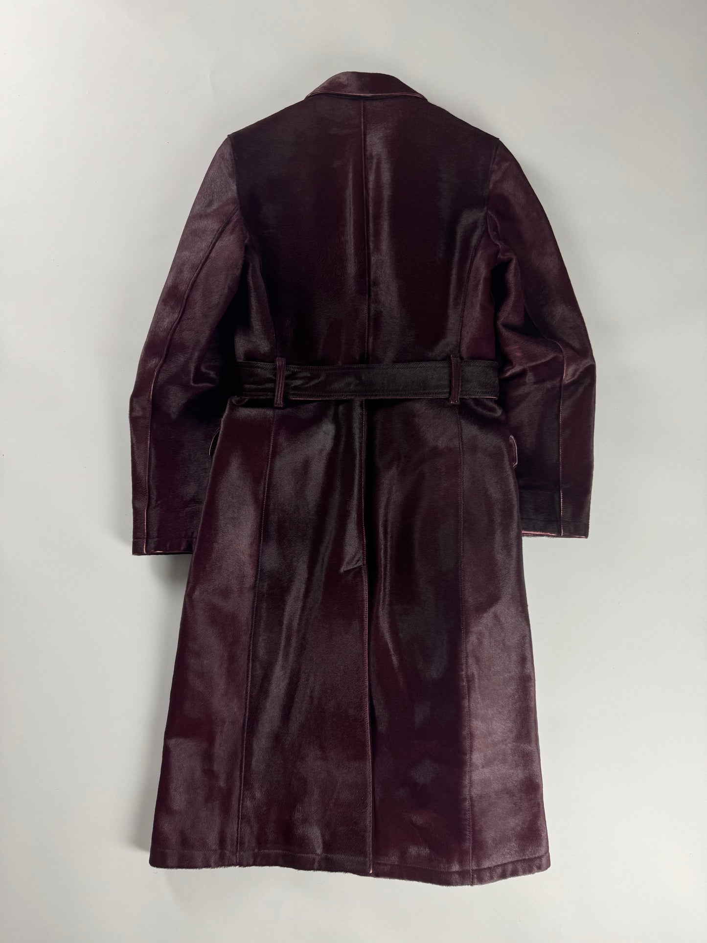 Prada Wine Bordeaux Leather Belted Pony Hair Leather Coat FW 2000 - XS