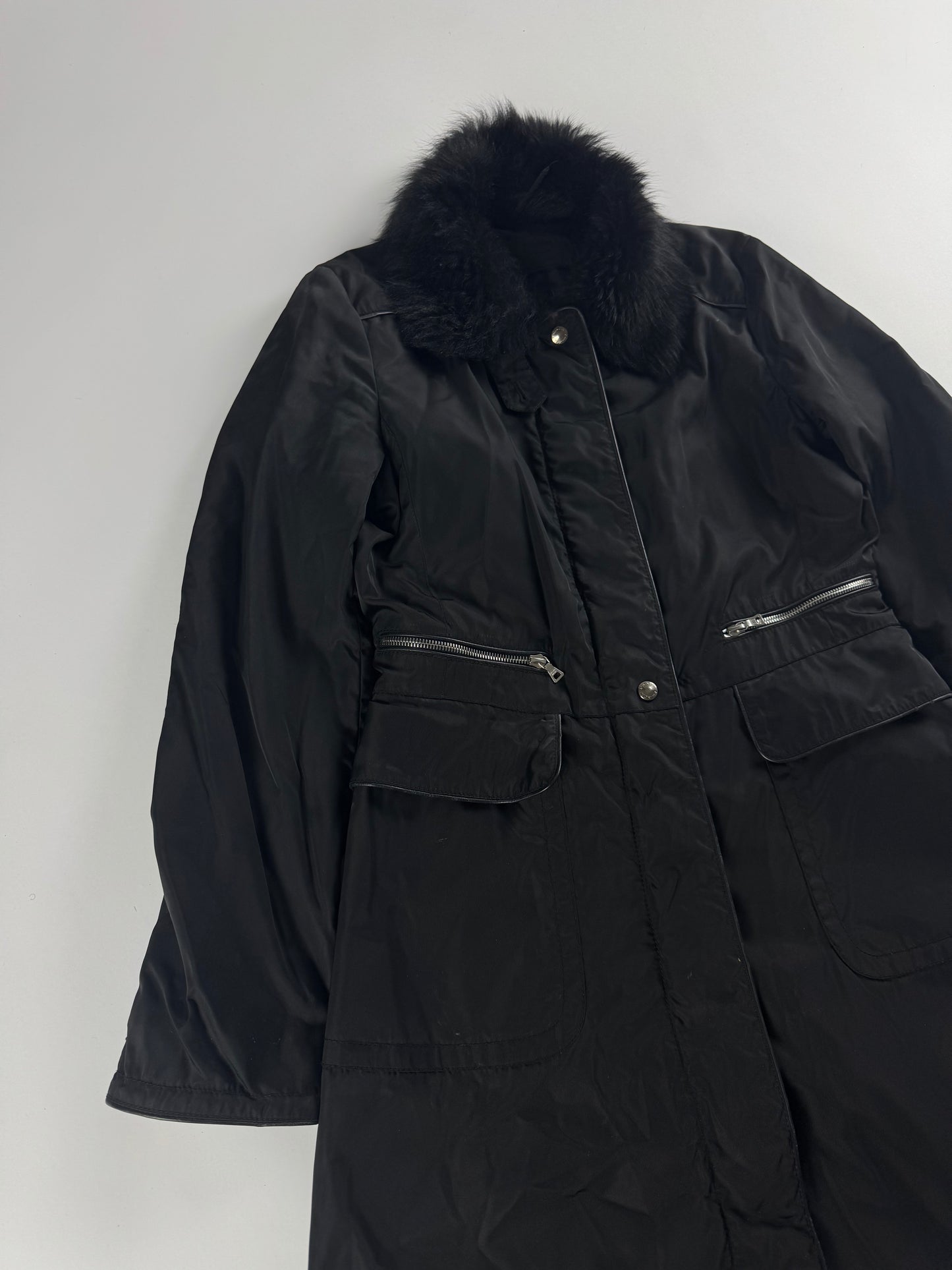 Prada Fur Collar Double Zip Nylon Long Coat 2000s - S