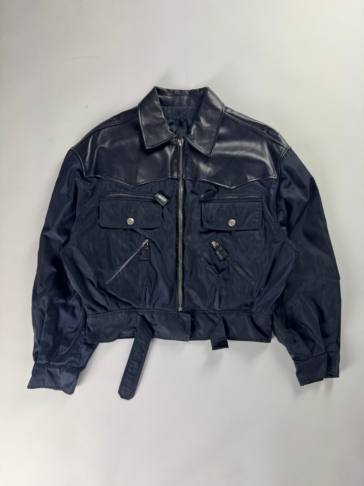 Prada Leather Panel Cropped Utility Pocket Navy Nylon Jacket 1990s - S
