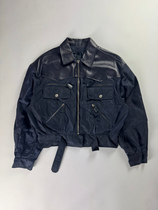 Prada Leather Panel Cropped Utility Pocket Navy Nylon Jacket 1990s - S