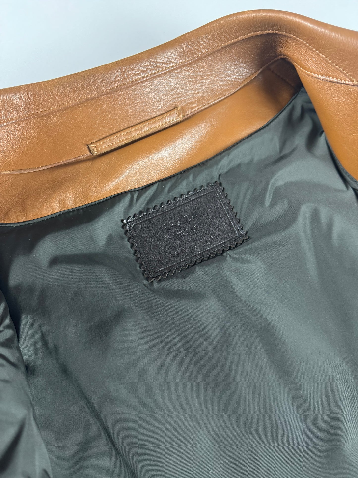 Prada Cognac Premium Leather Double Zipper Padded Layer Minimalist Jacket FW 2000 - L