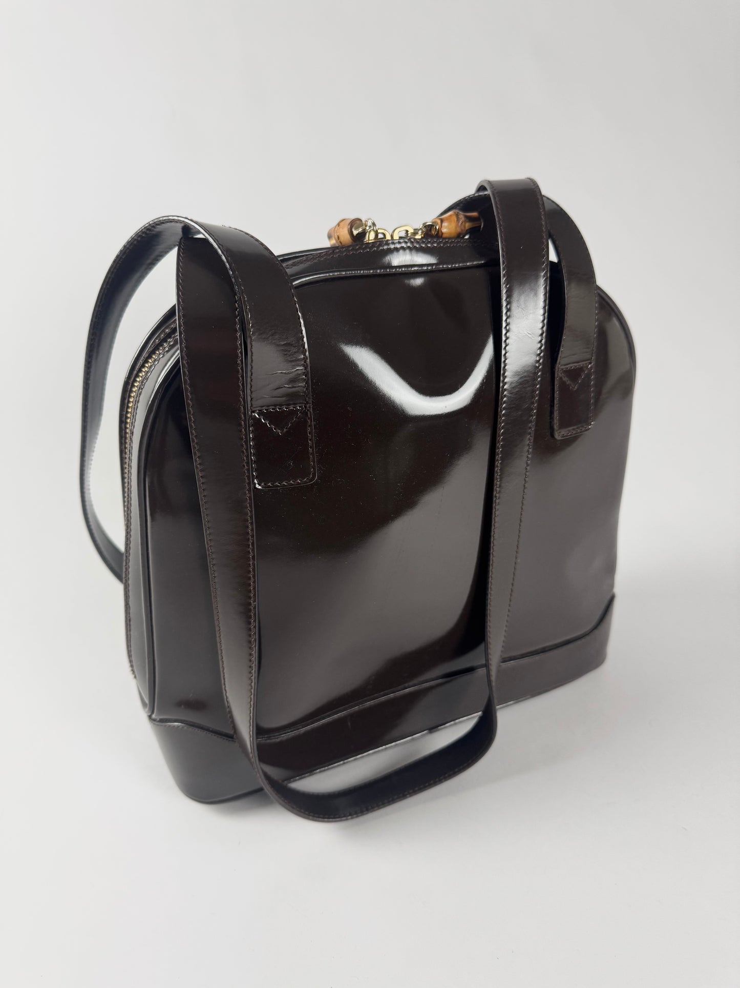 Gucci Brown Leather Patent Bamboo Shoulder Bag 1990s - OS