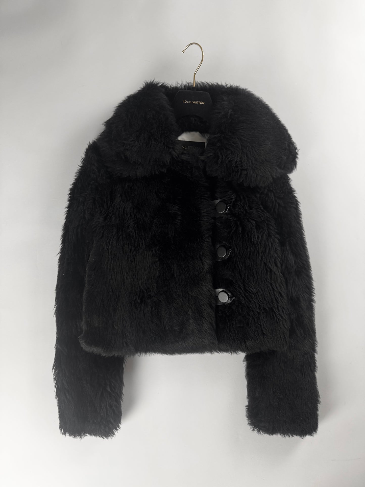 Louis Vuitton Sample Black Lamb Fuzzy Fur Crop Side Button Jacket FW 2015 - XS